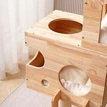 Torre rascador moderno de madera maciza (caucho) de 119 cm con condominio espacioso y postes de sisal. Diseño elegante para gatos múltiples y decoración contemporánea.