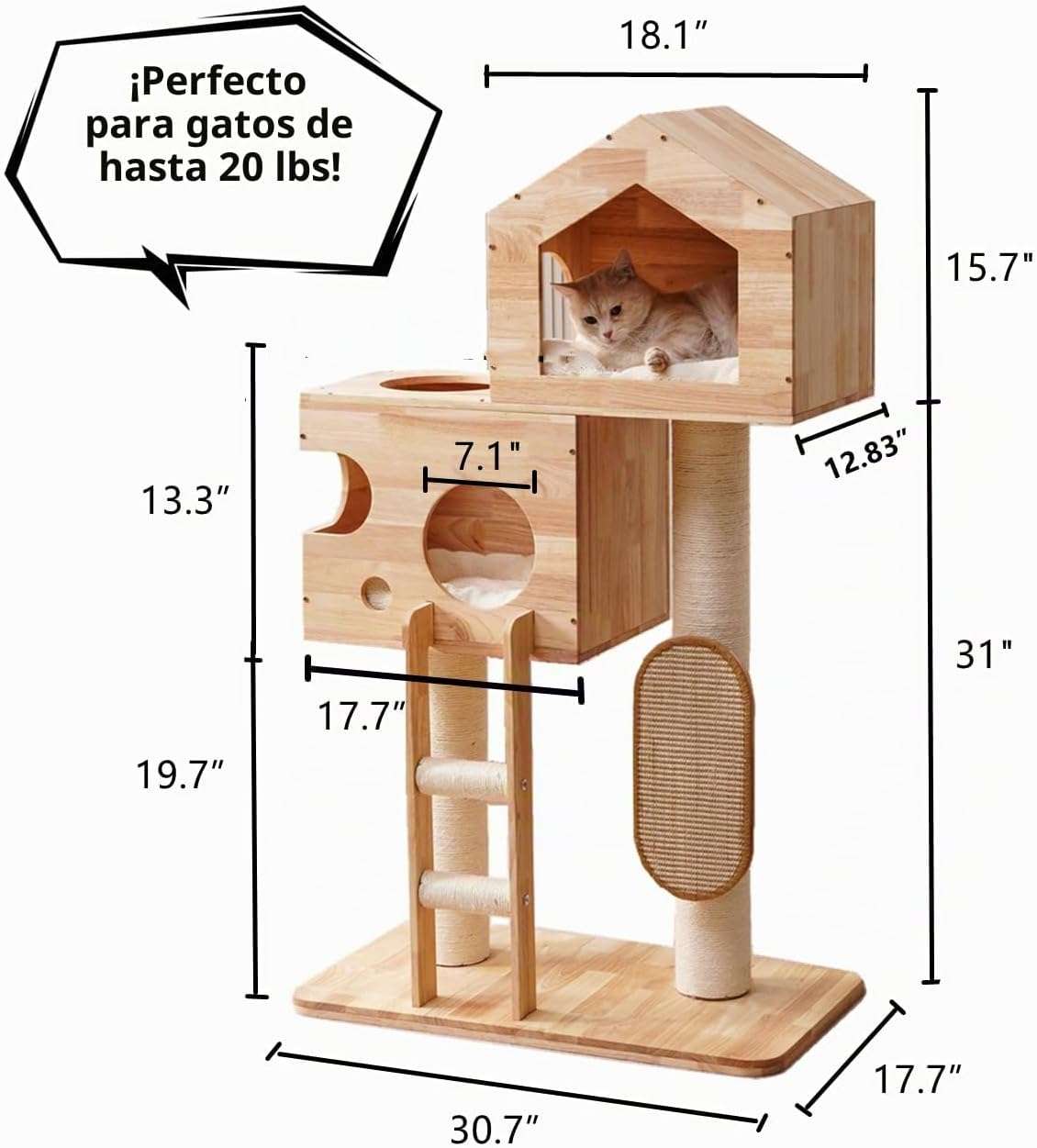 Torre rascador moderno de madera maciza (caucho) de 119 cm con condominio espacioso y postes de sisal. Diseño elegante para gatos múltiples y decoración contemporánea.