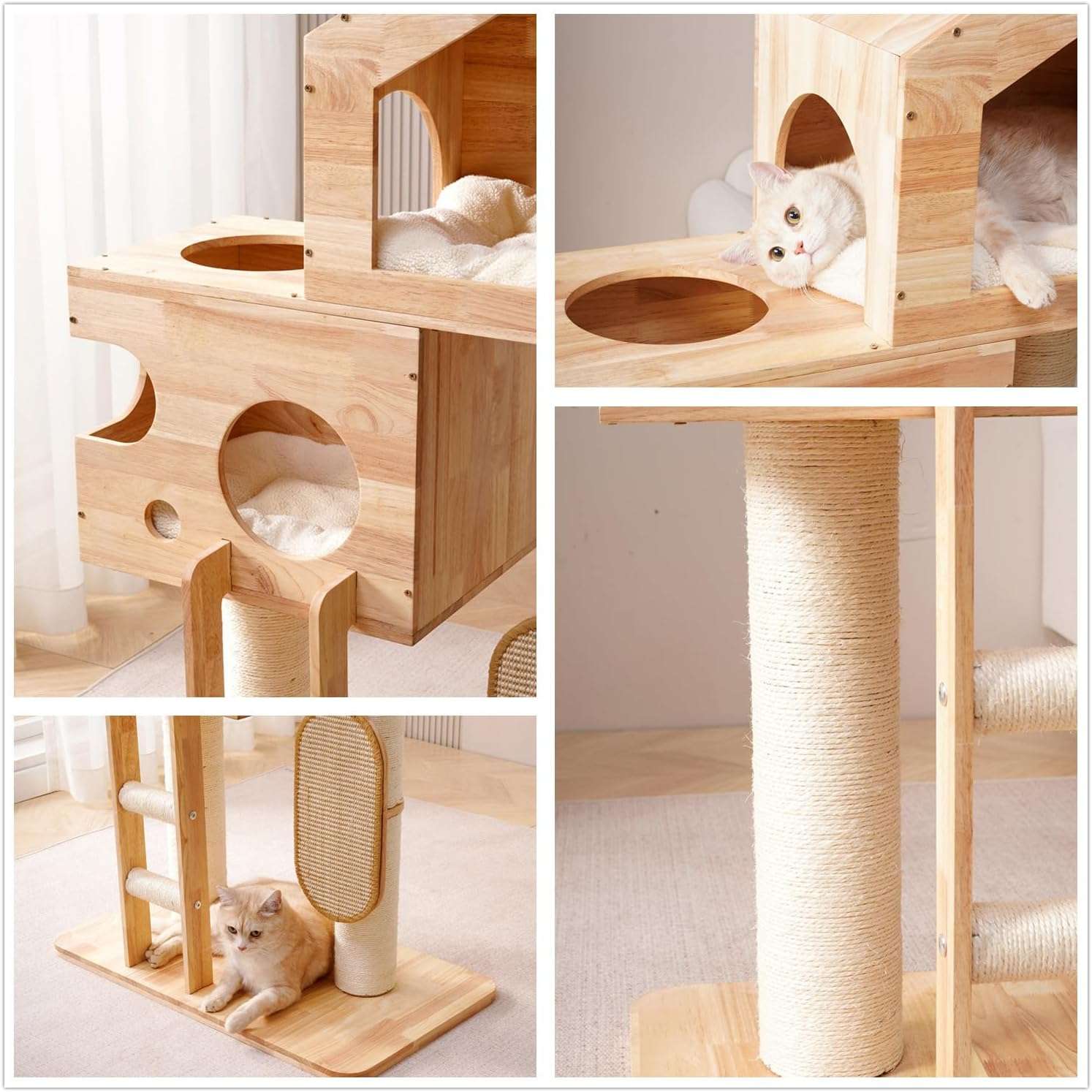 Torre rascador moderno de madera maciza (caucho) de 119 cm con condominio espacioso y postes de sisal. Diseño elegante para gatos múltiples y decoración contemporánea.