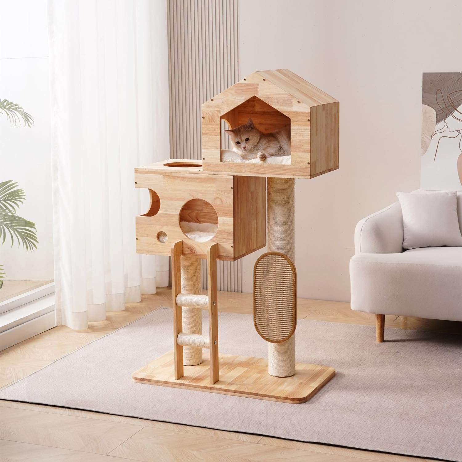 Torre rascador moderno de madera maciza (caucho) de 119 cm con condominio espacioso y postes de sisal. Diseño elegante para gatos múltiples y decoración contemporánea.