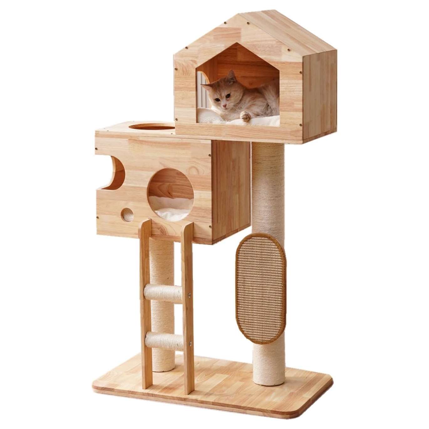 Torre rascador moderno de madera maciza (caucho) de 119 cm con condominio espacioso y postes de sisal. Diseño elegante para gatos múltiples y decoración contemporánea.