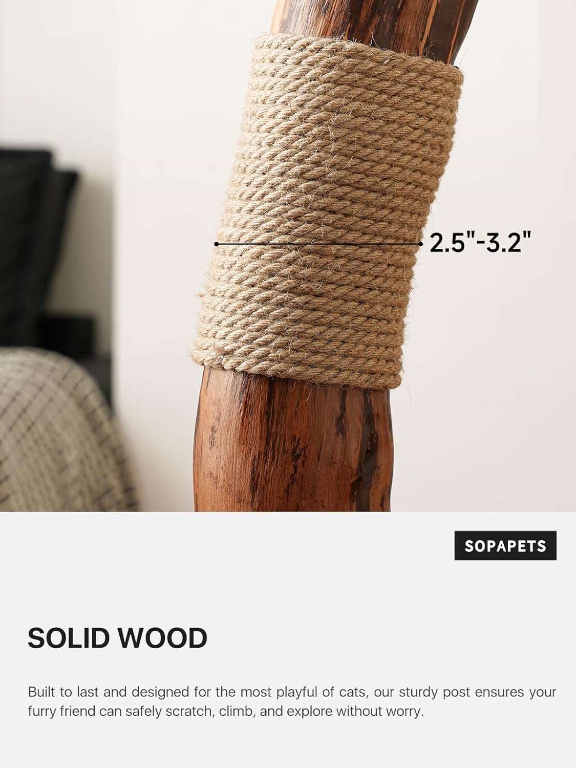 Torre rascador de madera maciza (173 cm) con base 104x62 cm, plataformas extra anchas y postes de sisal. Estabilidad anti-tambaleo para gatos grandes.