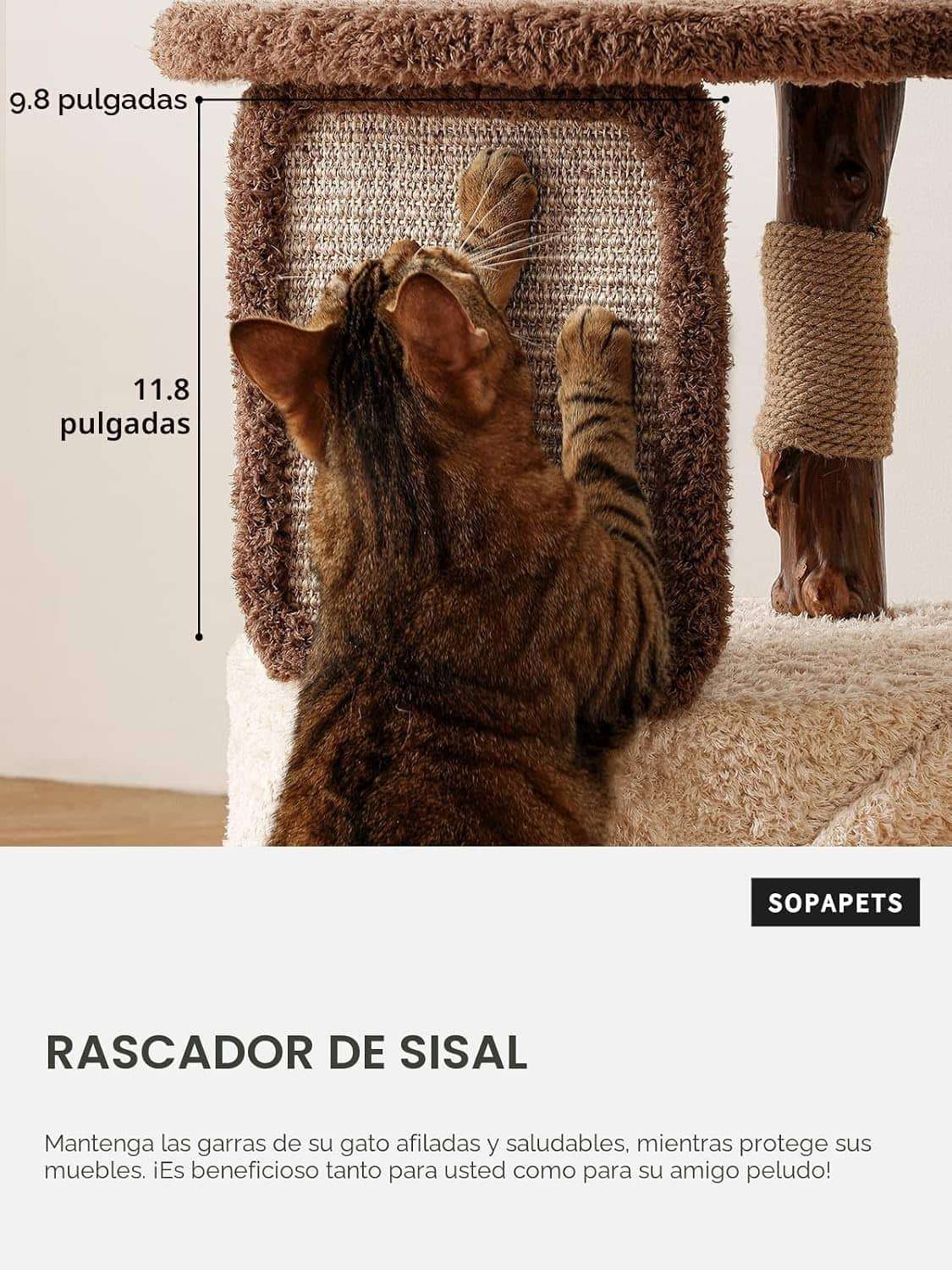 Torre rascador de madera maciza (173 cm) con base 104x62 cm, plataformas extra anchas y postes de sisal. Estabilidad anti-tambaleo para gatos grandes.