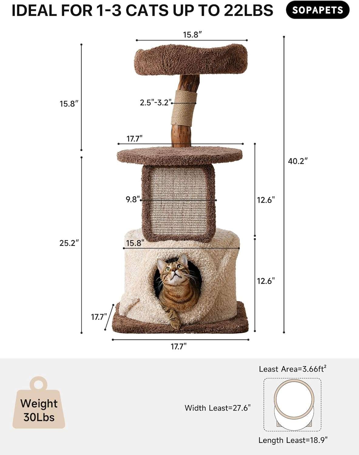 Torre rascador de madera maciza (173 cm) con base 104x62 cm, plataformas extra anchas y postes de sisal. Estabilidad anti-tambaleo para gatos grandes.