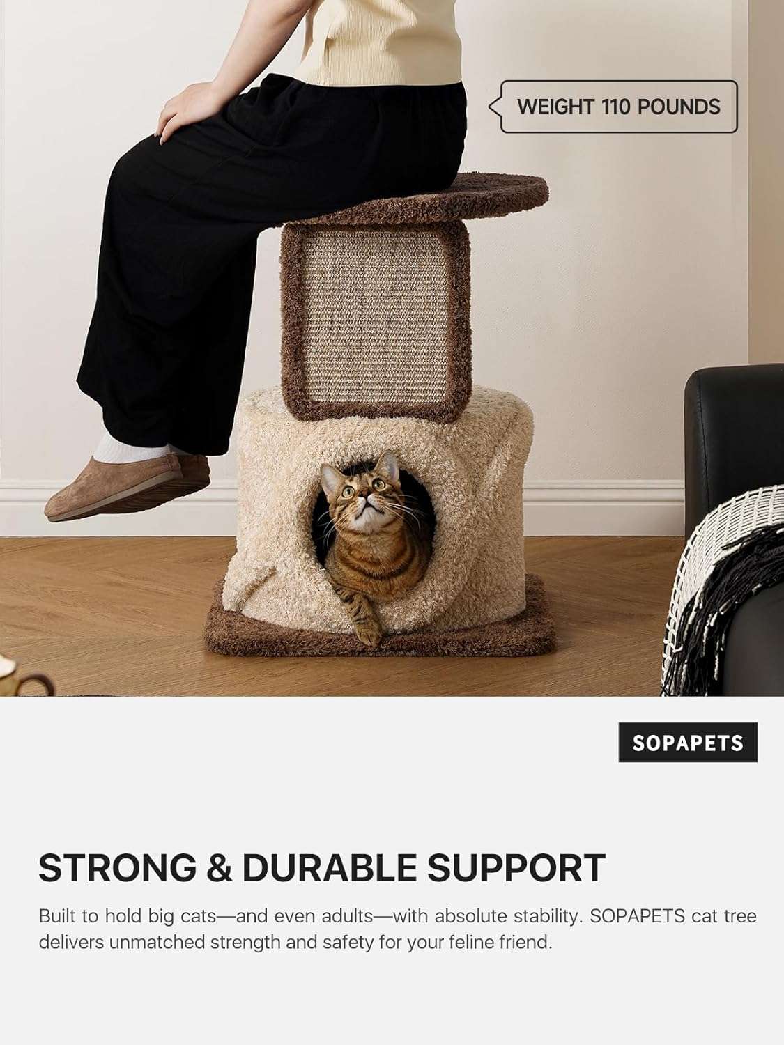 Torre rascador de madera maciza (173 cm) con base 104x62 cm, plataformas extra anchas y postes de sisal. Estabilidad anti-tambaleo para gatos grandes.
