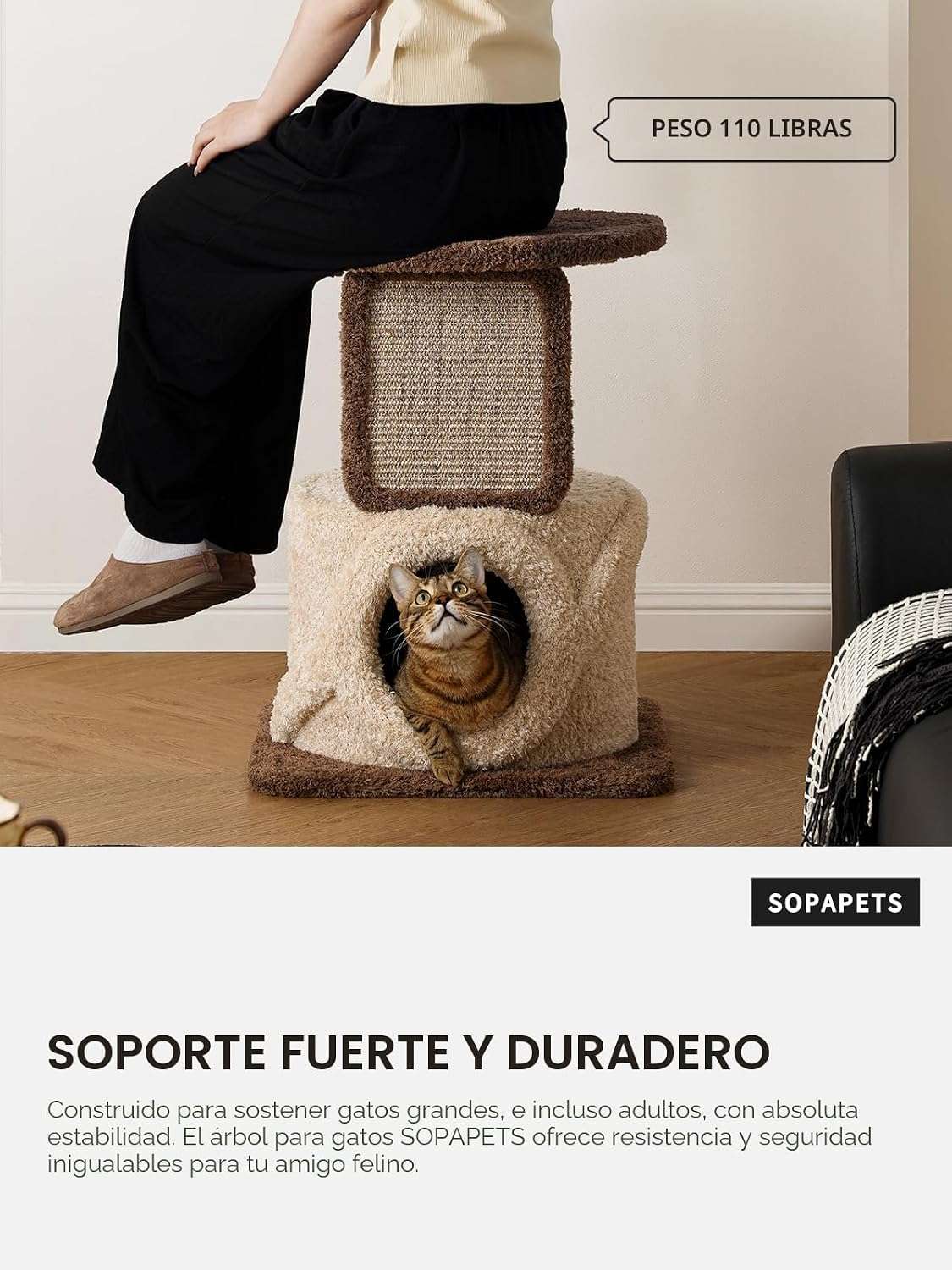 Torre rascador de madera maciza (173 cm) con base 104x62 cm, plataformas extra anchas y postes de sisal. Estabilidad anti-tambaleo para gatos grandes.