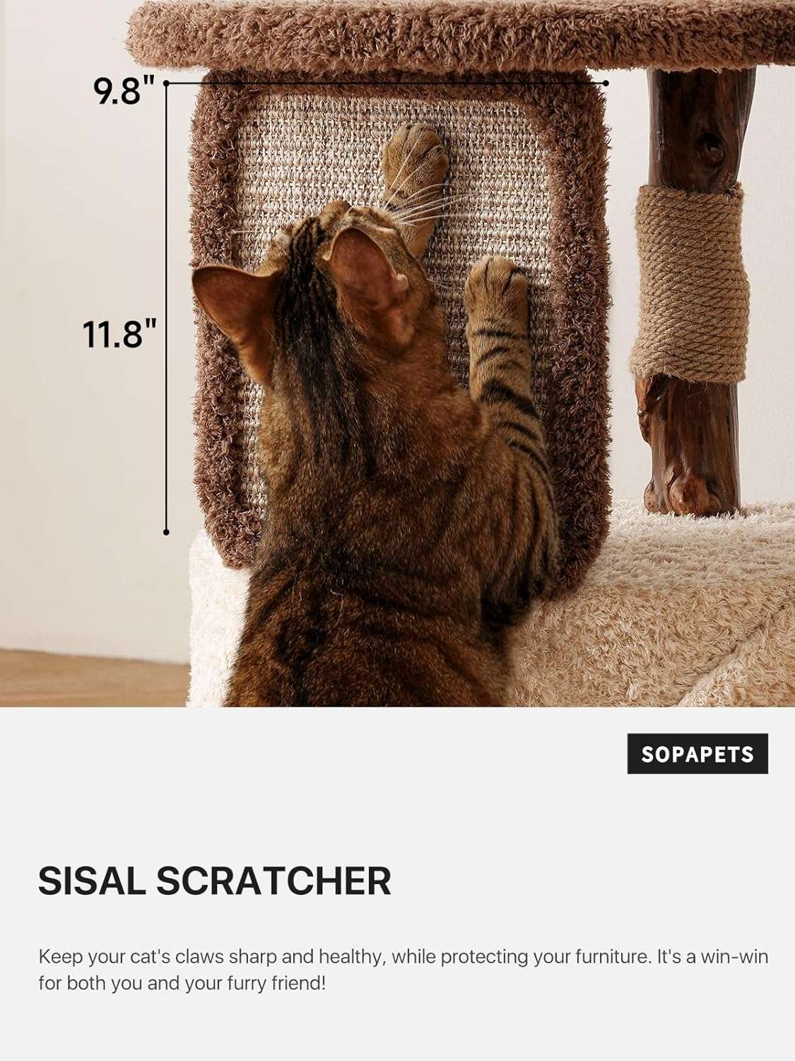 Torre rascador de madera maciza (173 cm) con base 104x62 cm, plataformas extra anchas y postes de sisal. Estabilidad anti-tambaleo para gatos grandes.