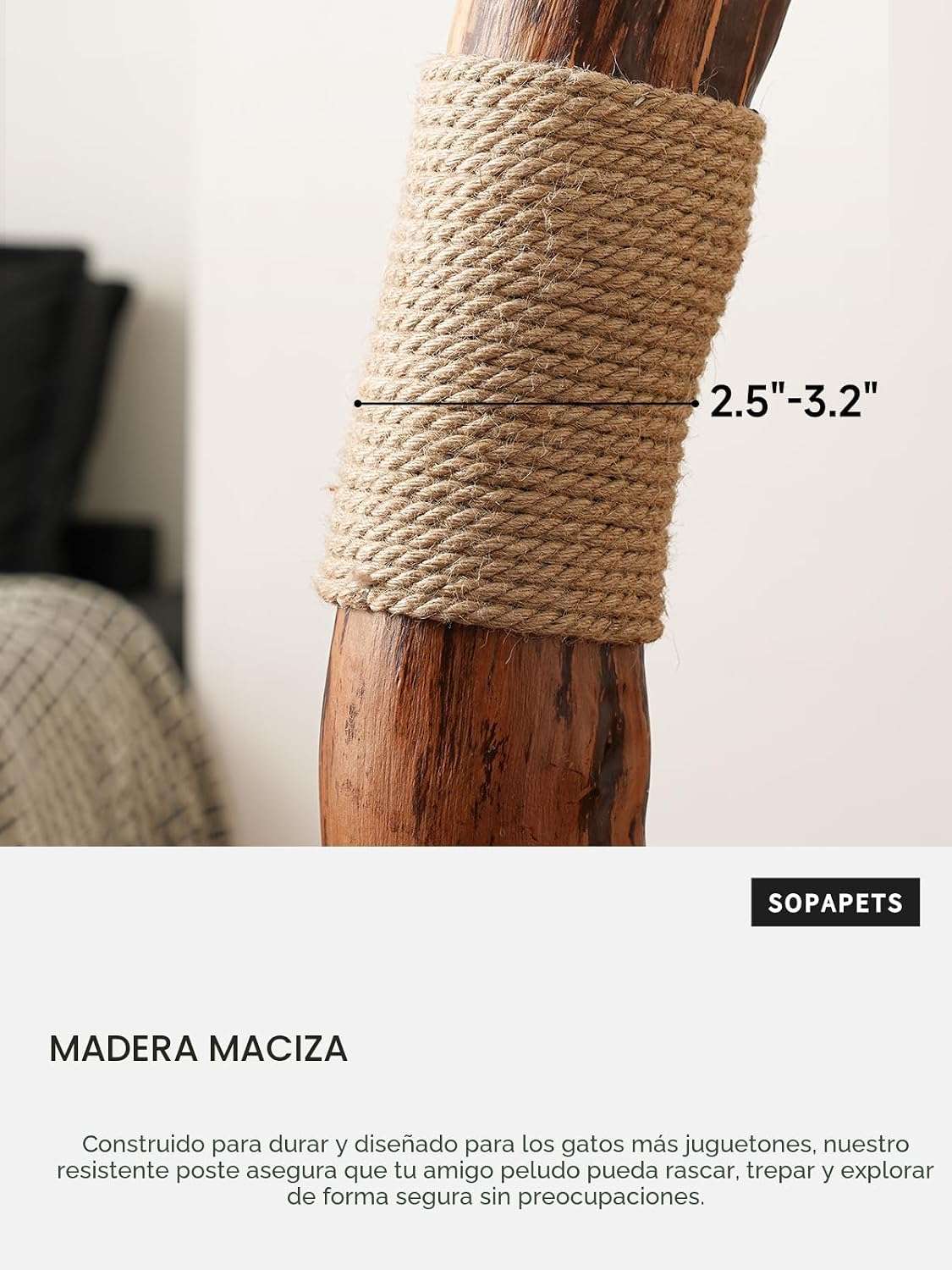 Torre rascador de madera maciza (173 cm) con base 104x62 cm, plataformas extra anchas y postes de sisal. Estabilidad anti-tambaleo para gatos grandes.
