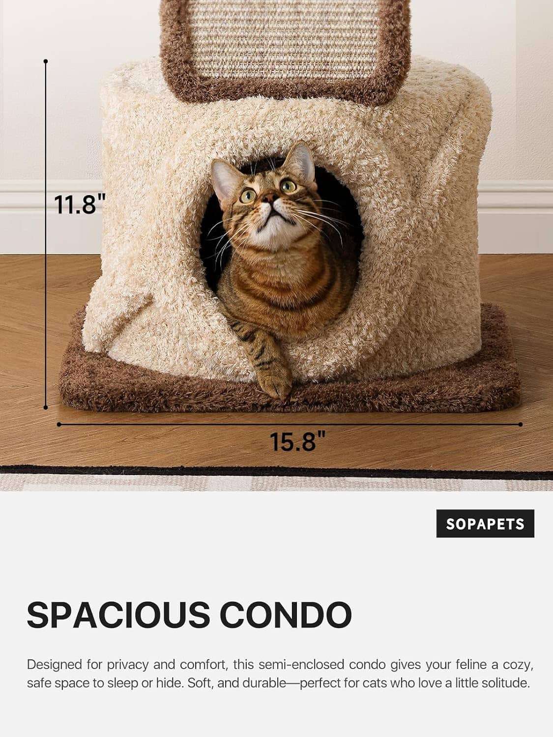 Torre rascador de madera maciza (173 cm) con base 104x62 cm, plataformas extra anchas y postes de sisal. Estabilidad anti-tambaleo para gatos grandes.