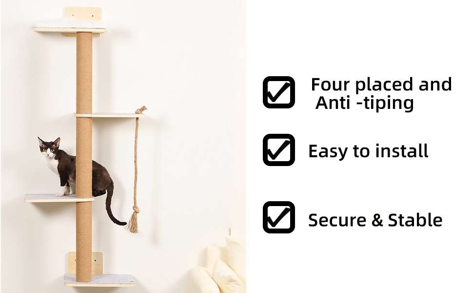 Rascador de pared de madera de pino con cuatro niveles y cama lavable para gatos.