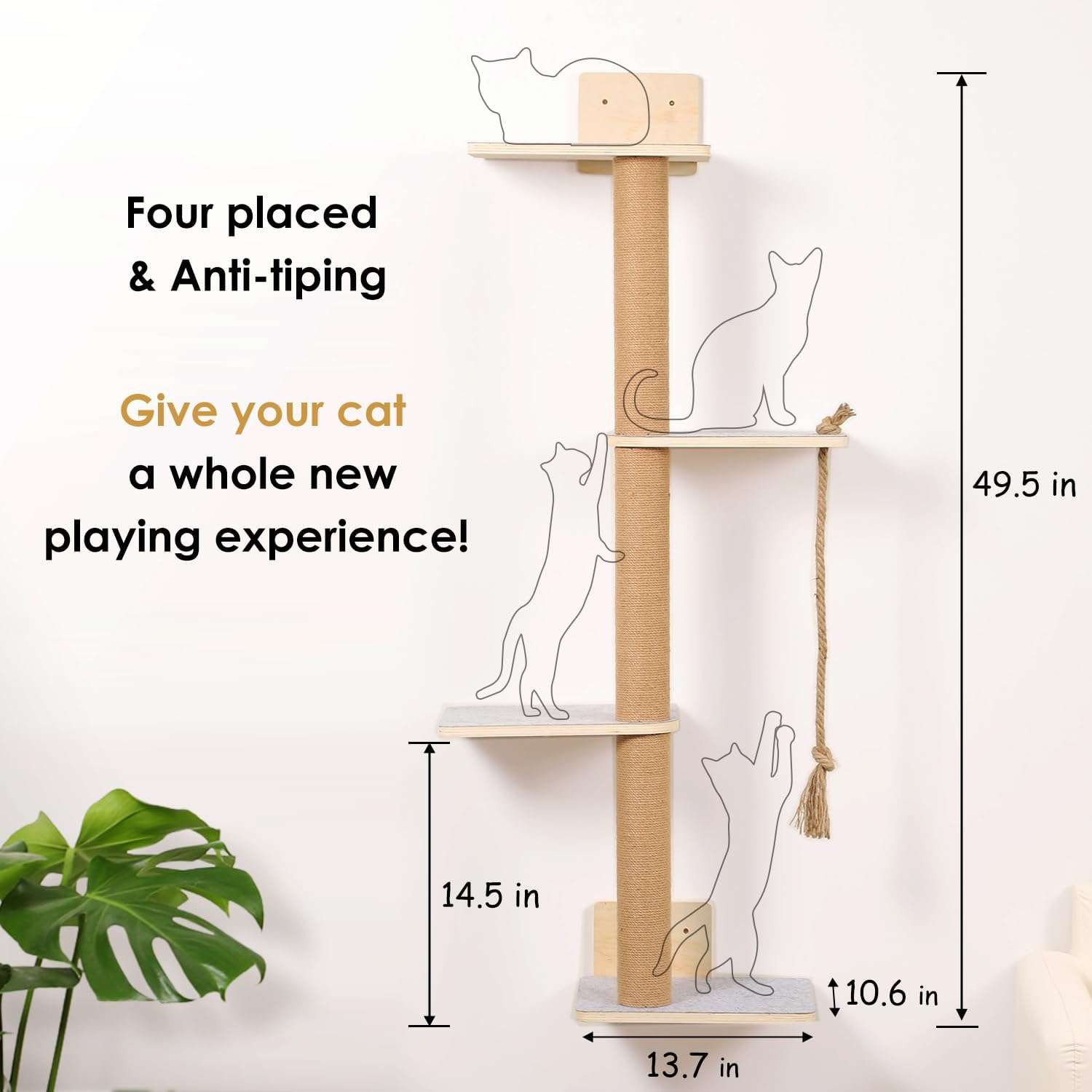 Rascador de pared de madera de pino con cuatro niveles y cama lavable para gatos.