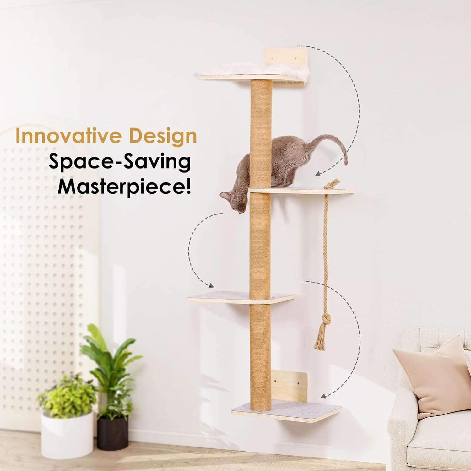 Rascador de pared de madera de pino con cuatro niveles y cama lavable para gatos.