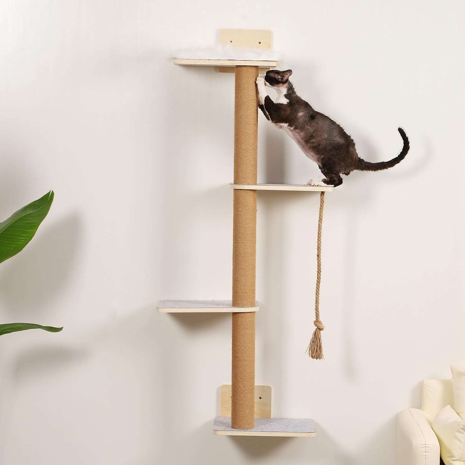 Rascador de pared de madera de pino con cuatro niveles y cama lavable para gatos.