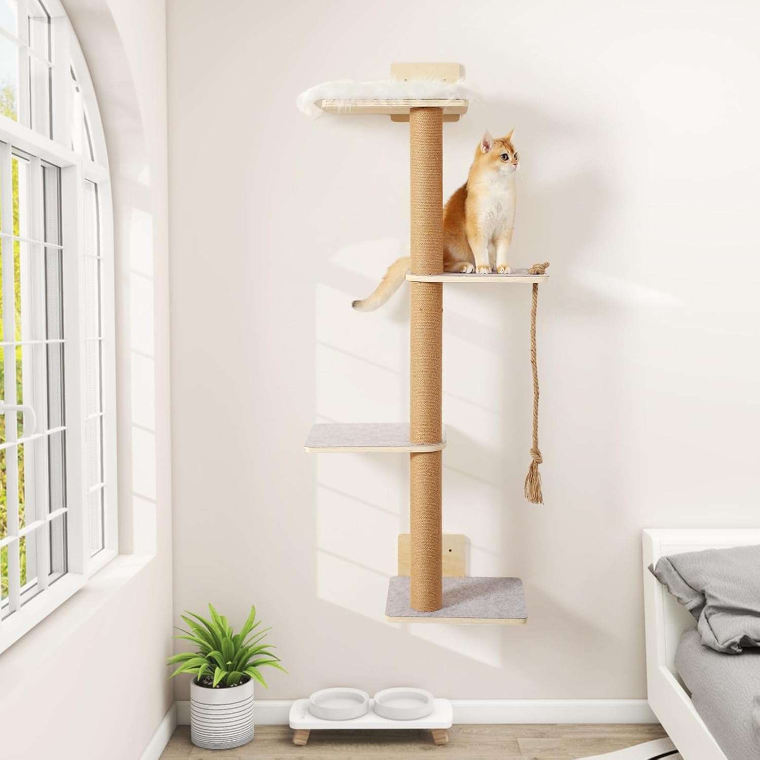 Rascador de pared de madera de pino con cuatro niveles y cama lavable para gatos.