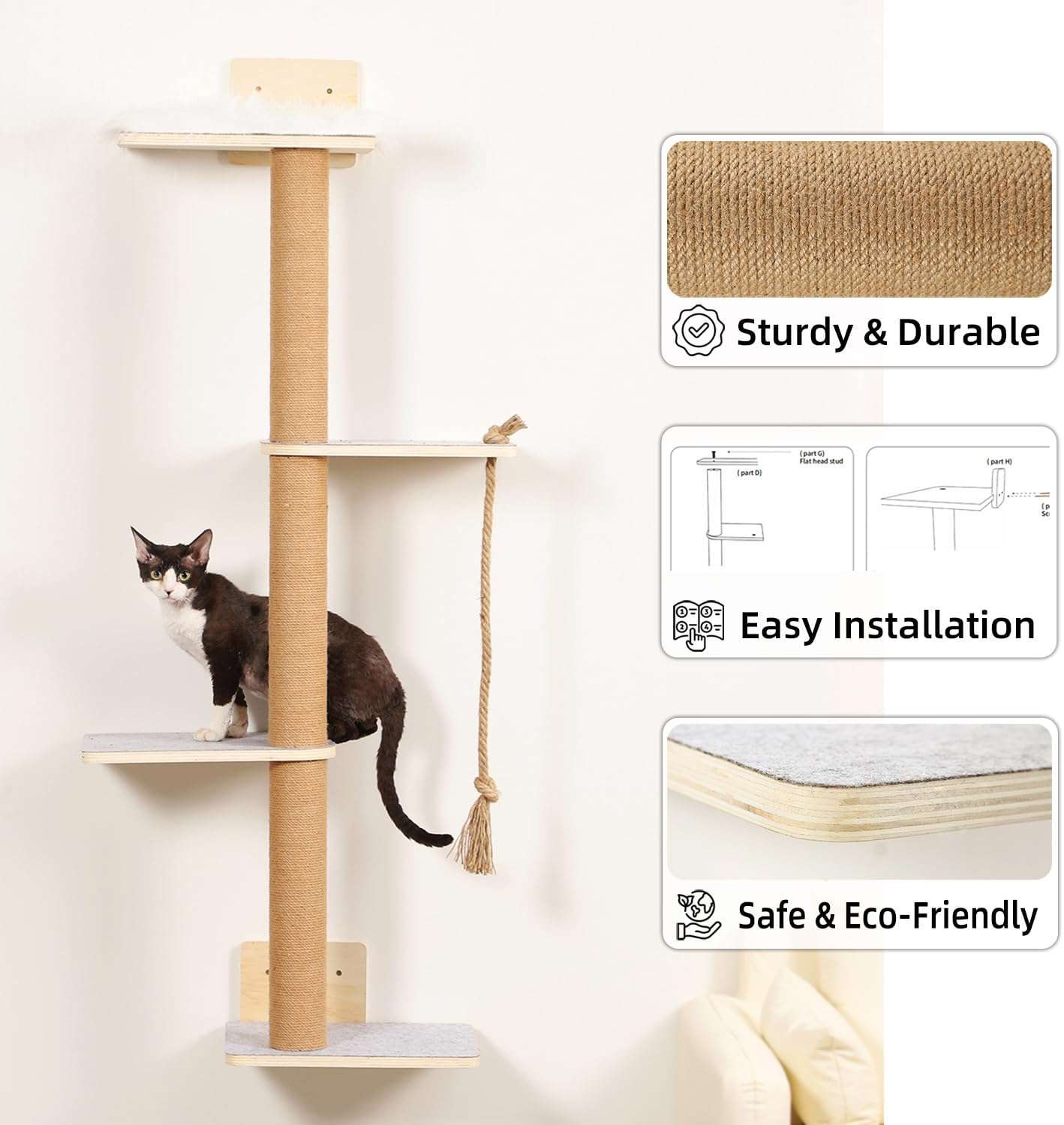 Rascador de pared de madera de pino con cuatro niveles y cama lavable para gatos.