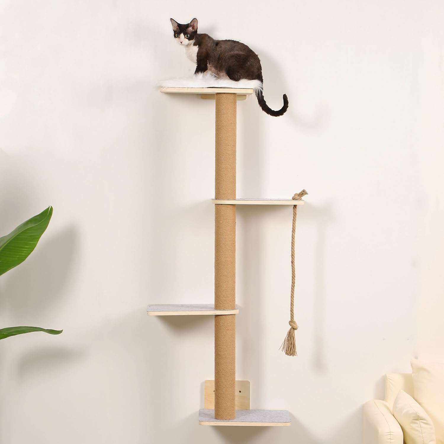 Rascador de pared de madera de pino con cuatro niveles y cama lavable para gatos.