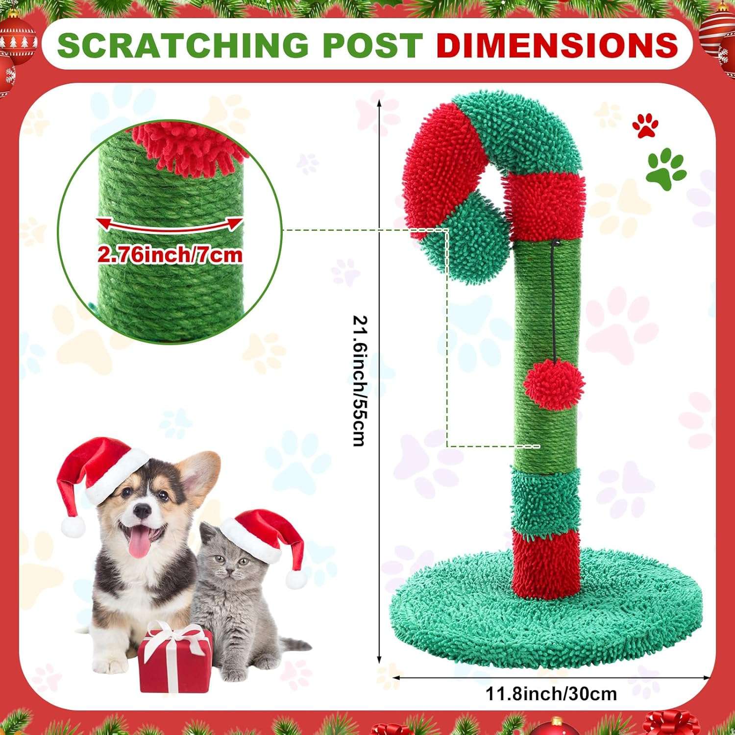 Rascador de poste de sisal natural para gatos (30x30x55 cm). Diseño Bastón de Caramelo de Navidad con base estable.