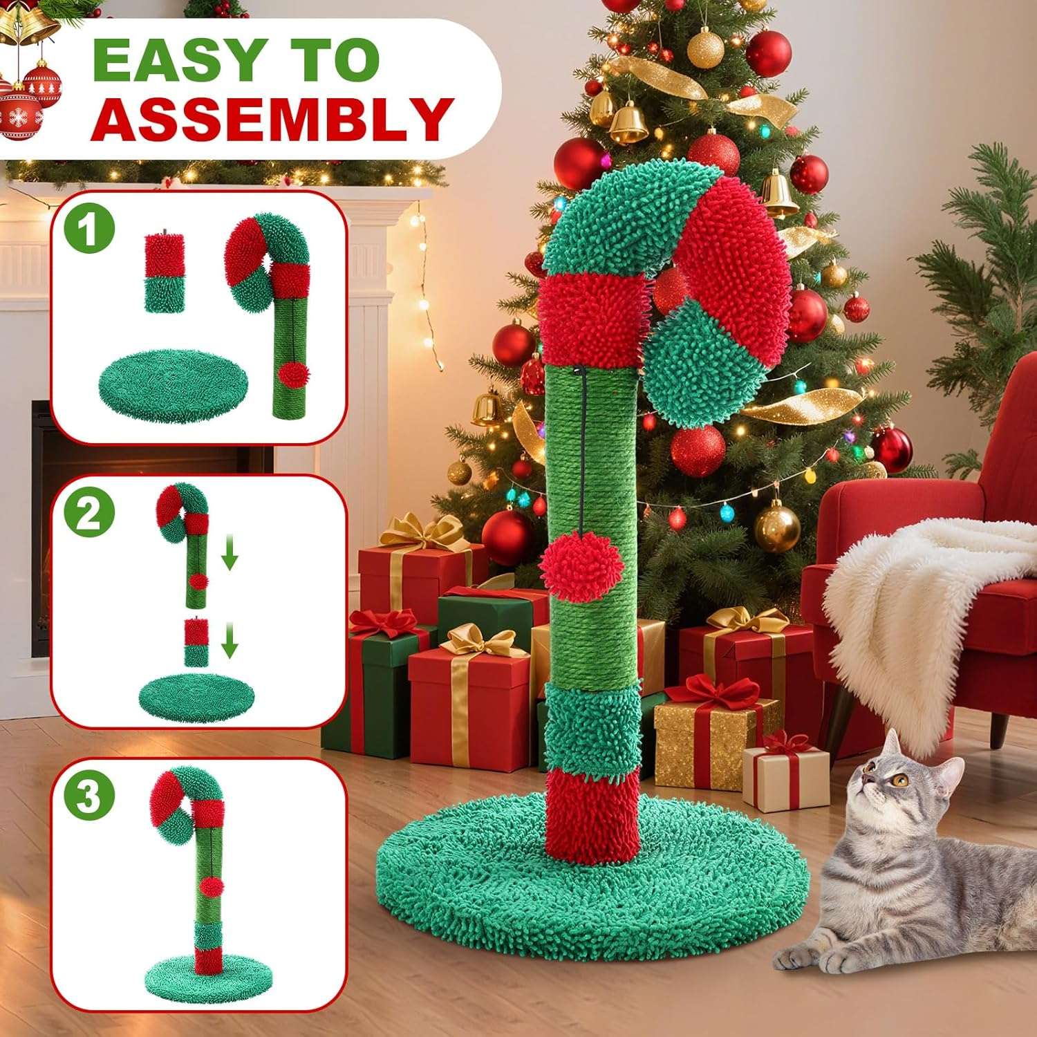 Rascador de poste de sisal natural para gatos (30x30x55 cm). Diseño Bastón de Caramelo de Navidad con base estable.