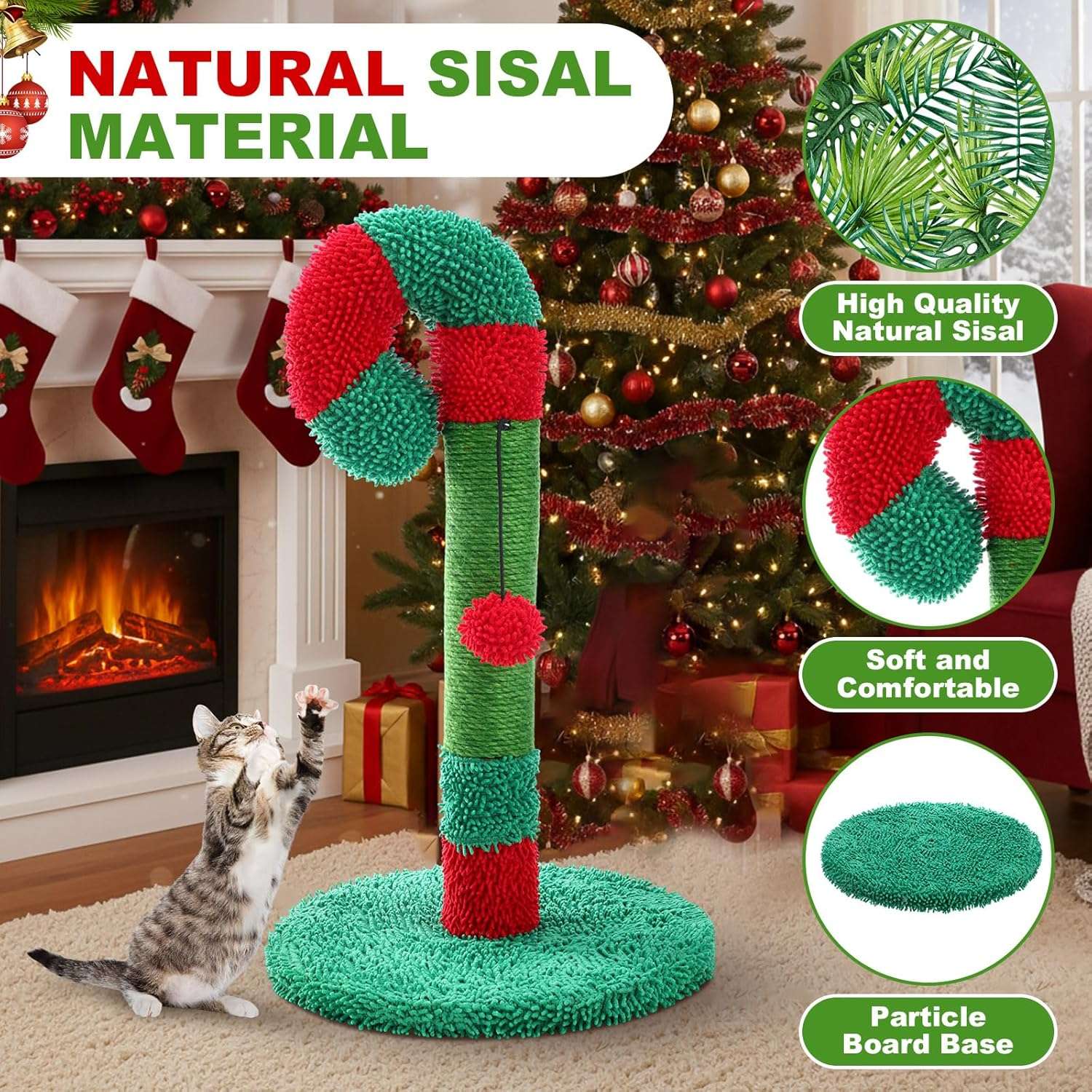 Rascador de poste de sisal natural para gatos (30x30x55 cm). Diseño Bastón de Caramelo de Navidad con base estable.