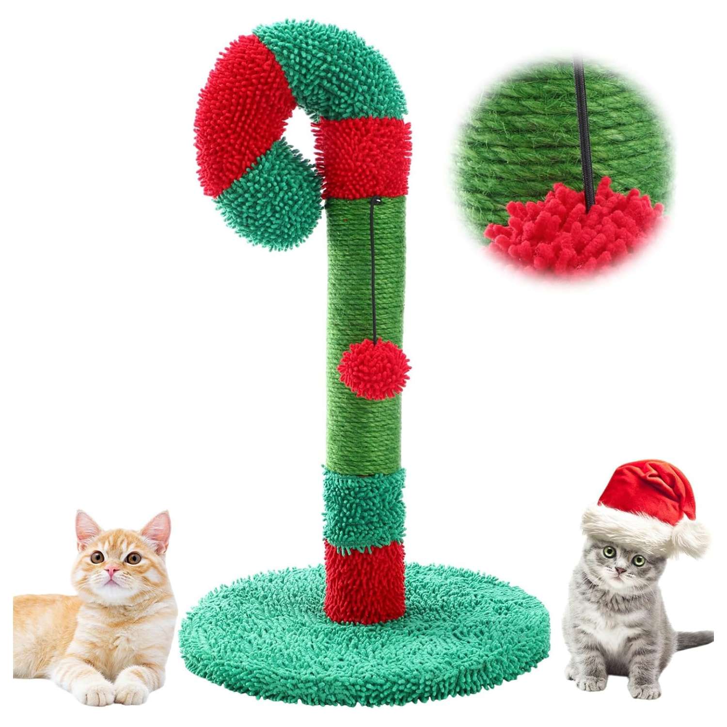 Rascador de poste de sisal natural para gatos (30x30x55 cm). Diseño Bastón de Caramelo de Navidad con base estable.