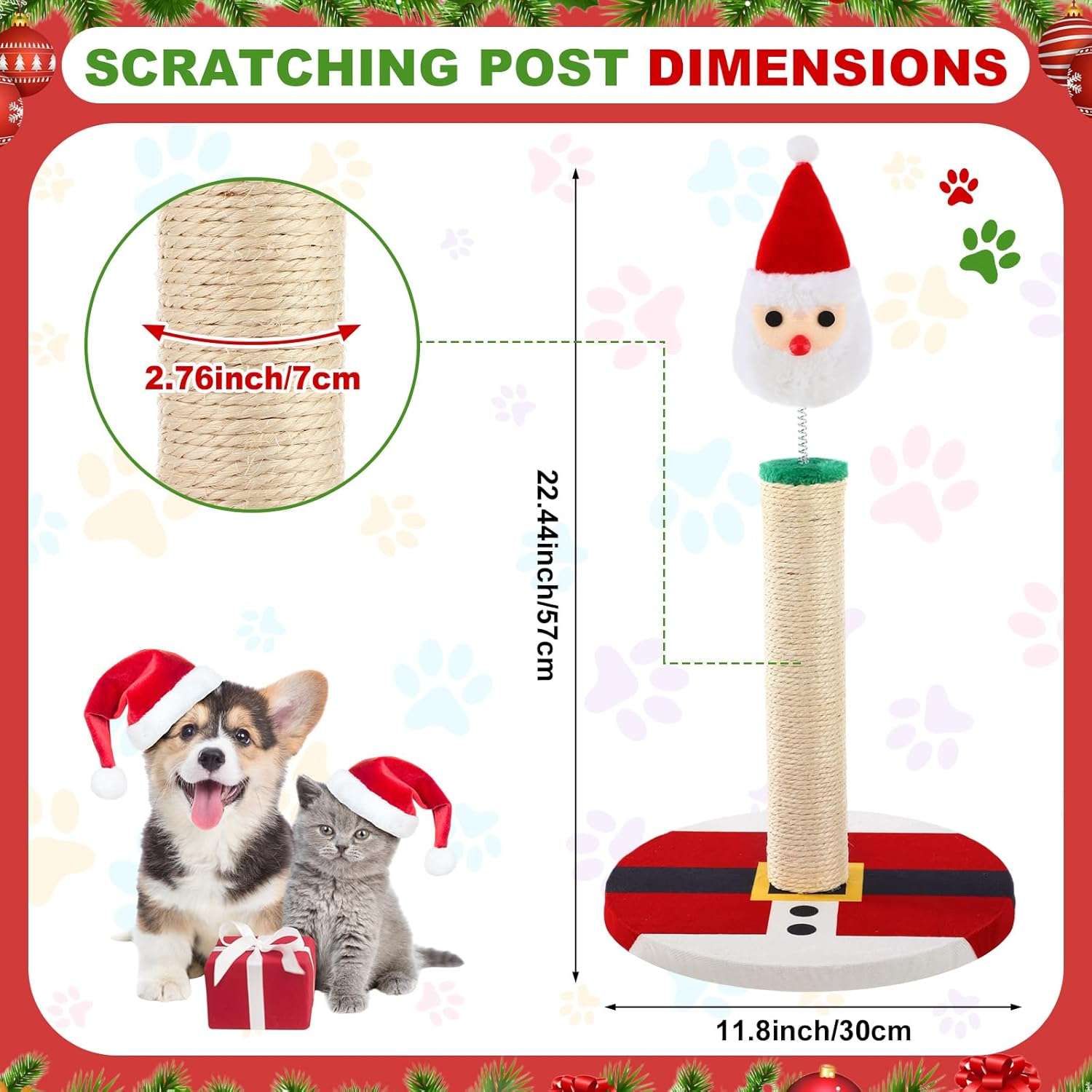 Rascador de sisal natural para gatos (30x30x57 cm). Diseño de Papá Noel Navideño con base estable.