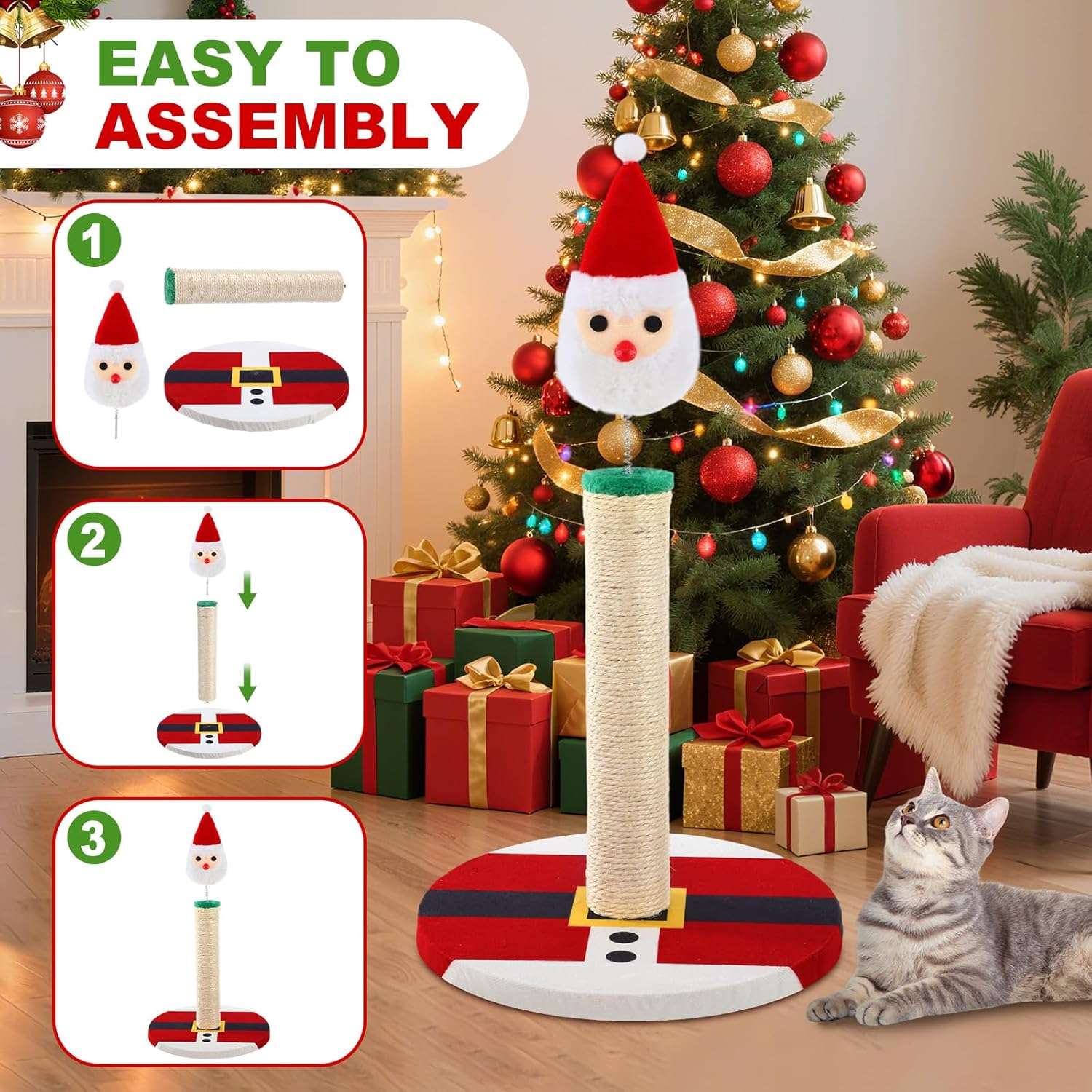 Rascador de sisal natural para gatos (30x30x57 cm). Diseño de Papá Noel Navideño con base estable.