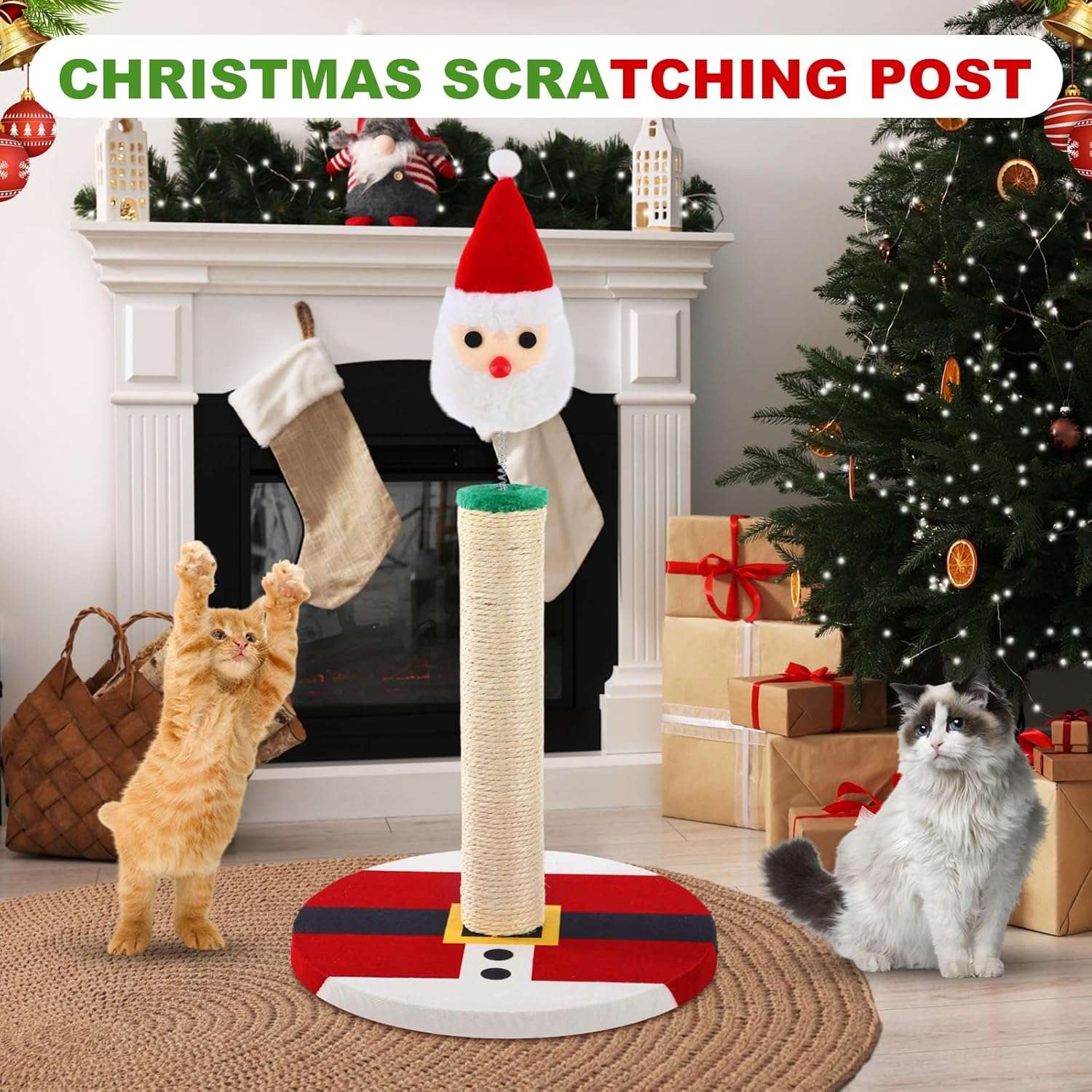Rascador de sisal natural para gatos (30x30x57 cm). Diseño de Papá Noel Navideño con base estable.