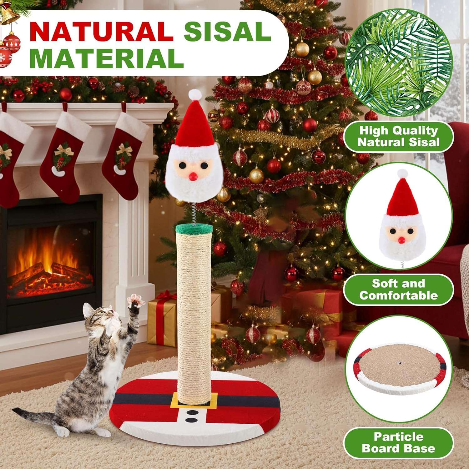 Rascador de sisal natural para gatos (30x30x57 cm). Diseño de Papá Noel Navideño con base estable.
