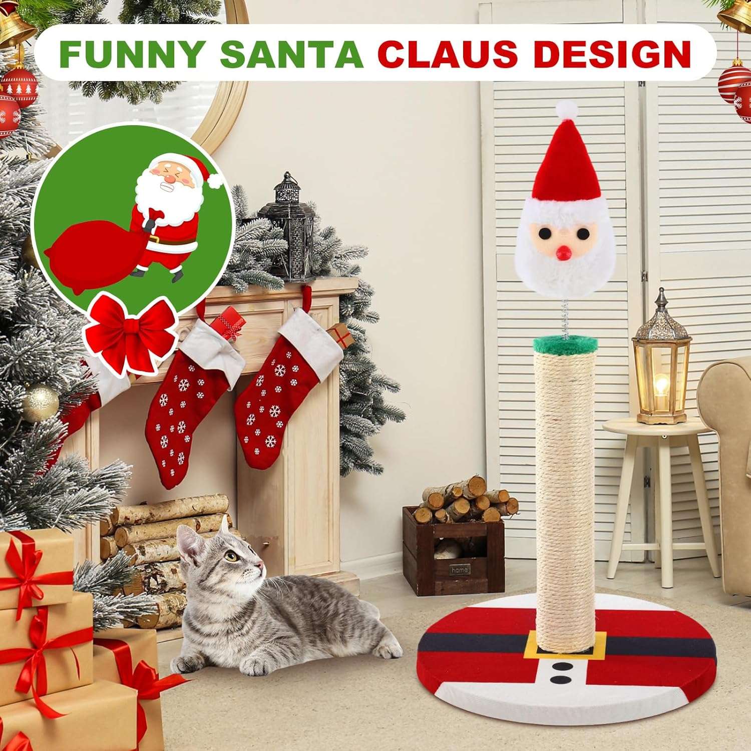 Rascador de sisal natural para gatos (30x30x57 cm). Diseño de Papá Noel Navideño con base estable.