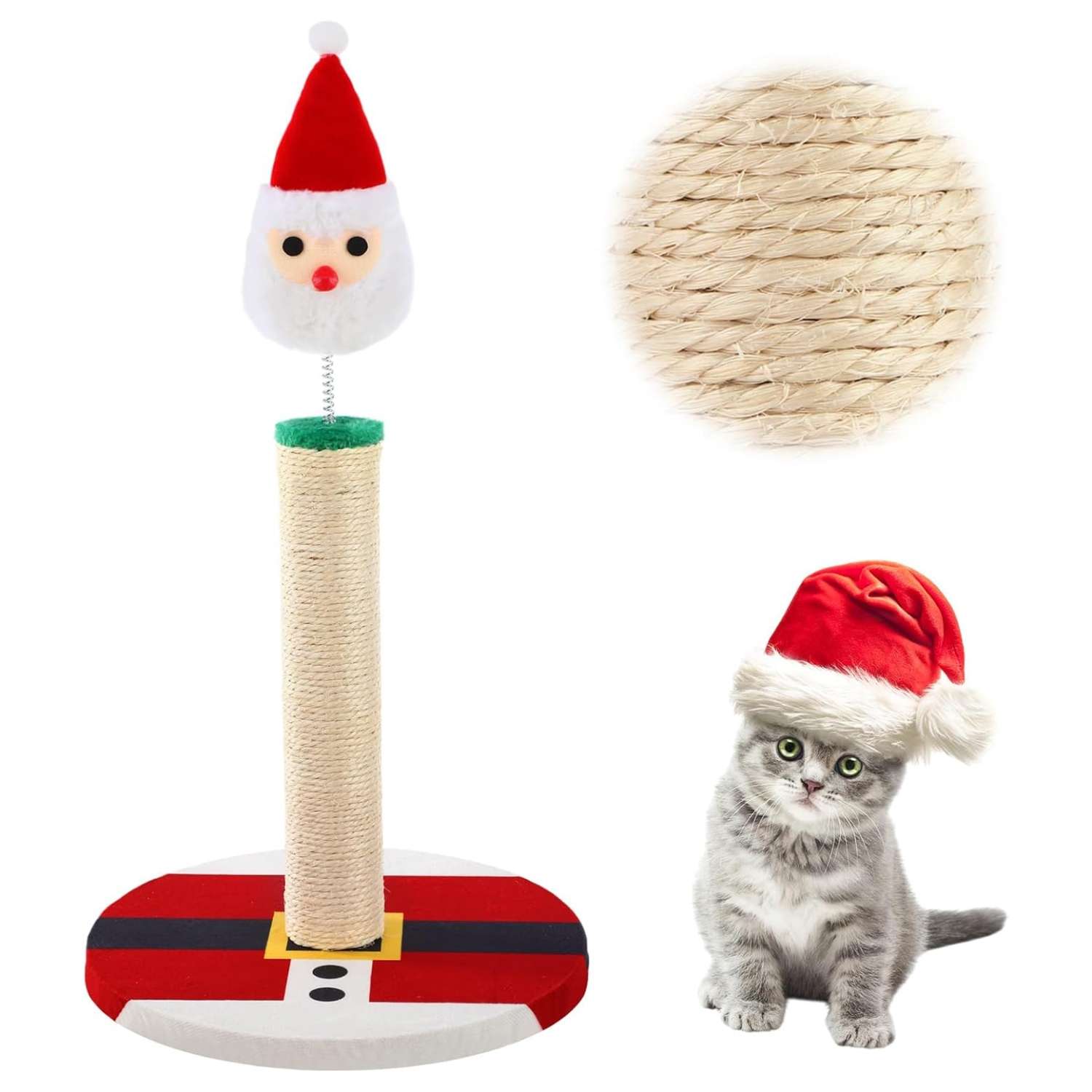 Rascador de sisal natural para gatos (30x30x57 cm). Diseño de Papá Noel Navideño con base estable.