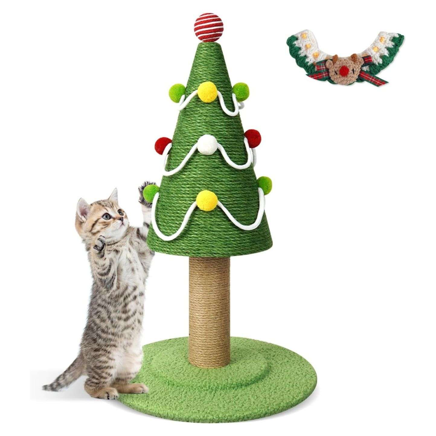 Rascador de sisal natural para gatos (35x35x62 cm). Diseño Árbol de Navidad con juguetes colgantes.