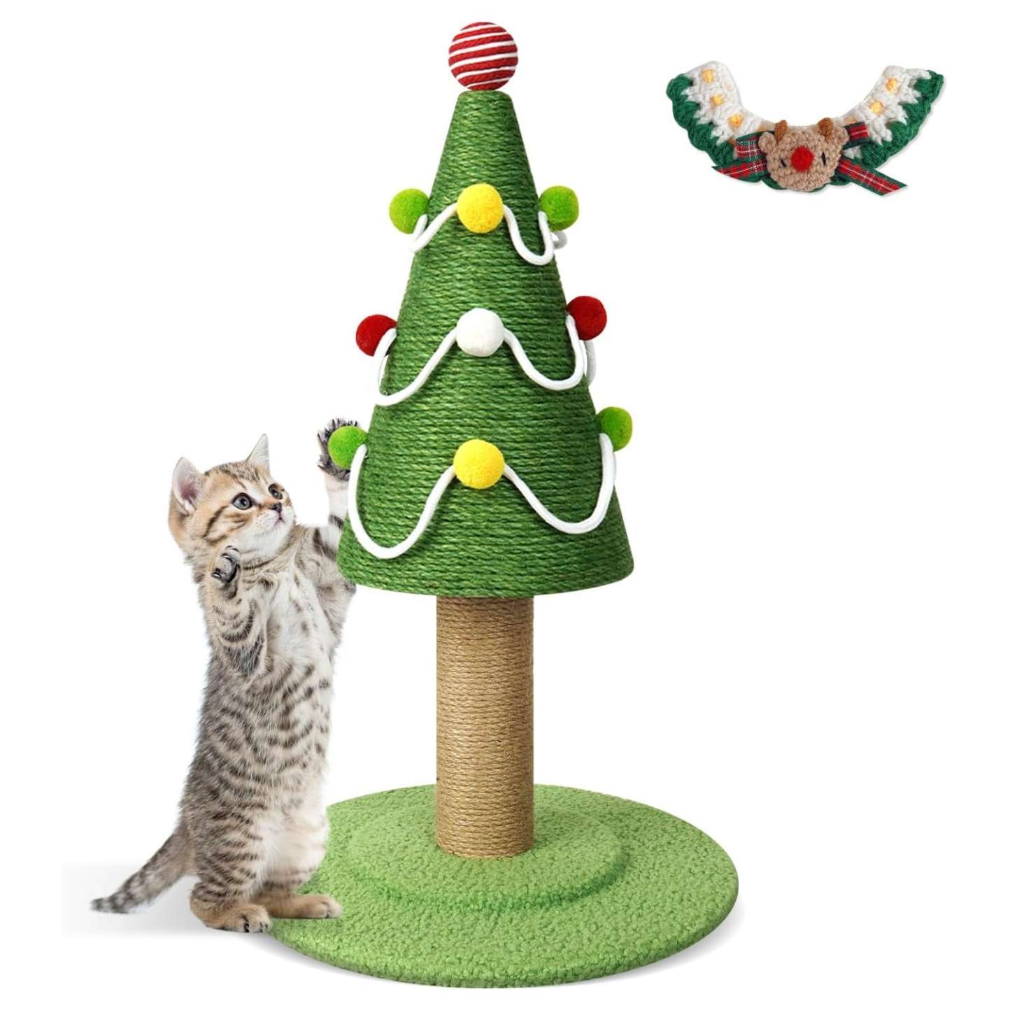 Rascador de sisal natural para gatos (35x35x62 cm). Diseño Árbol de Navidad con juguetes colgantes.