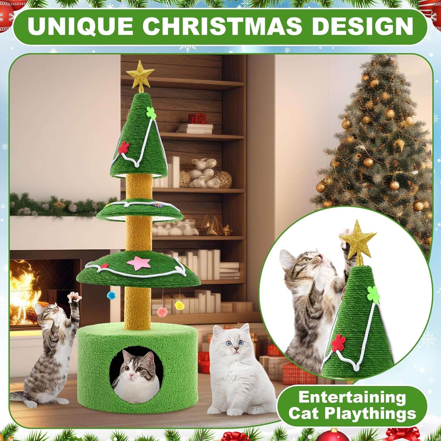 Rascador para gatos (36x36x105 cm) con diseño de Árbol de Navidad. Sisal grueso, base ampliada y juguetes colgantes.