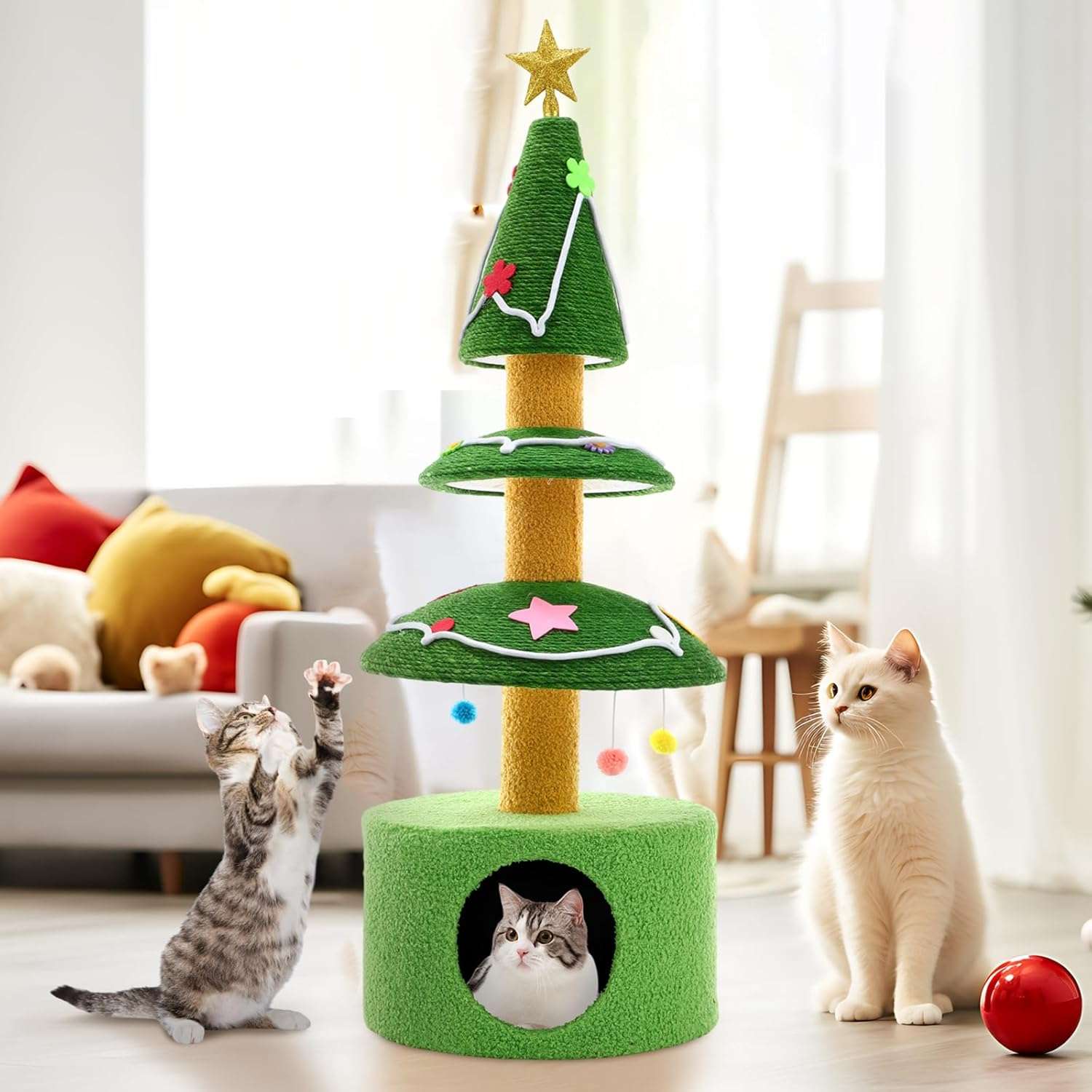 Rascador para gatos (36x36x105 cm) con diseño de Árbol de Navidad. Sisal grueso, base ampliada y juguetes colgantes.