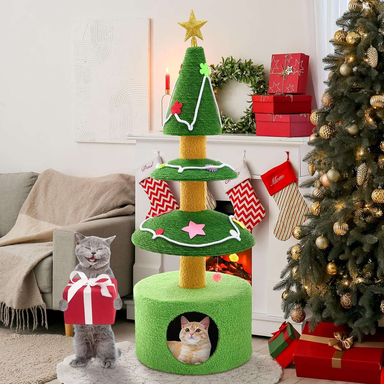 Rascador para gatos (36x36x105 cm) con diseño de Árbol de Navidad. Sisal grueso, base ampliada y juguetes colgantes.