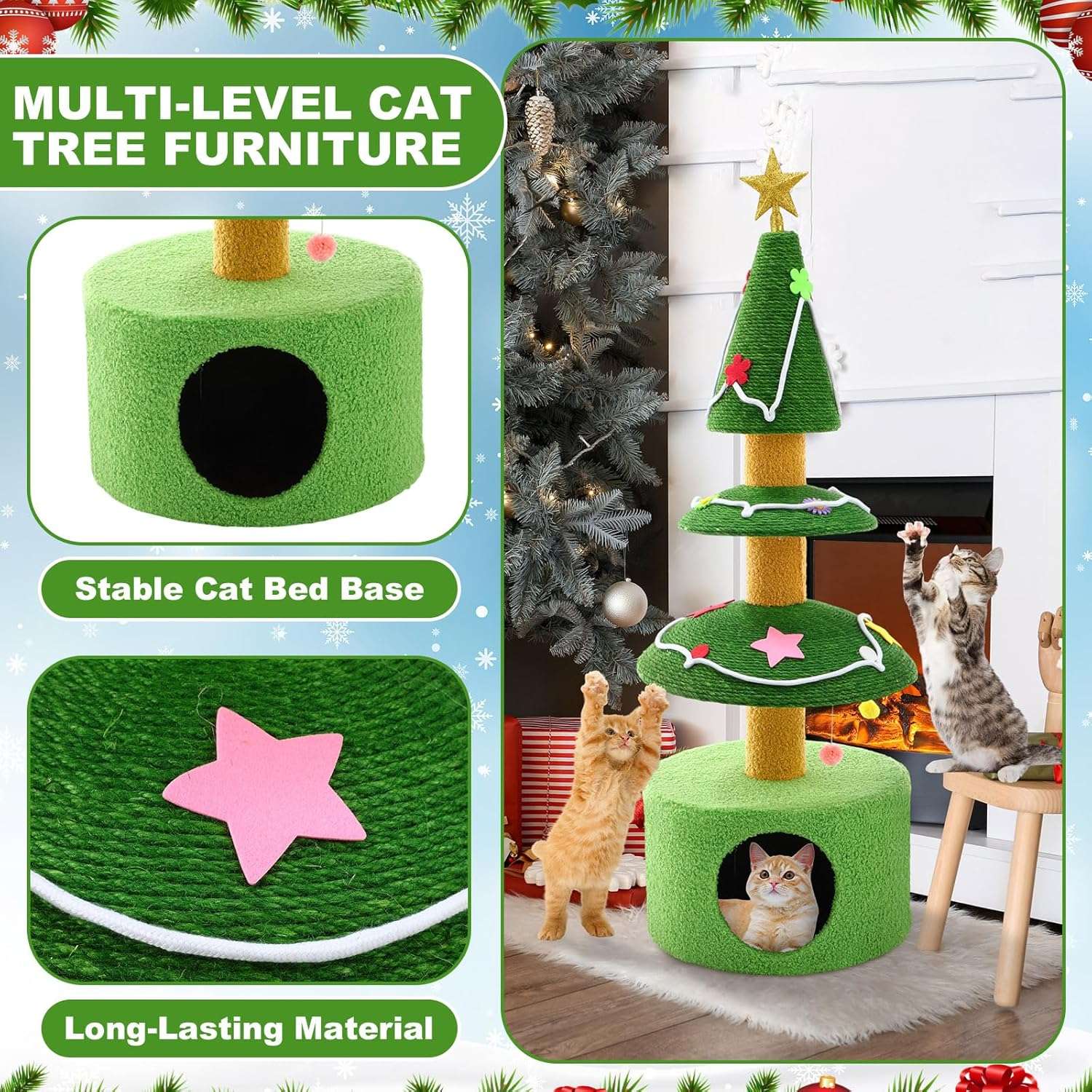 Rascador para gatos (36x36x105 cm) con diseño de Árbol de Navidad. Sisal grueso, base ampliada y juguetes colgantes.