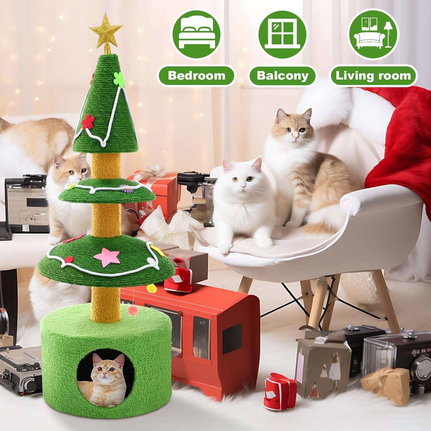 Rascador para gatos (36x36x105 cm) con diseño de Árbol de Navidad. Sisal grueso, base ampliada y juguetes colgantes.