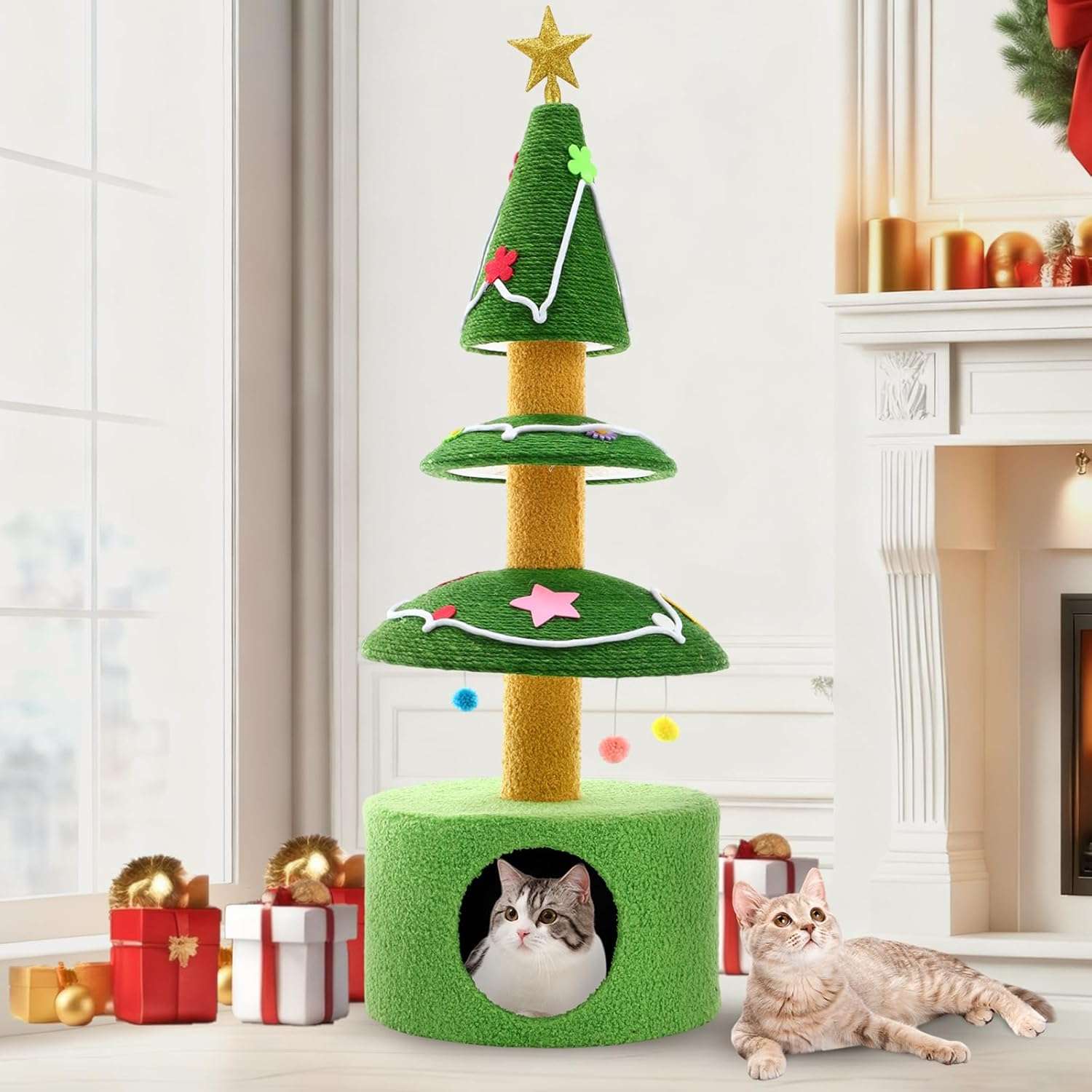 Rascador para gatos (36x36x105 cm) con diseño de Árbol de Navidad. Sisal grueso, base ampliada y juguetes colgantes.