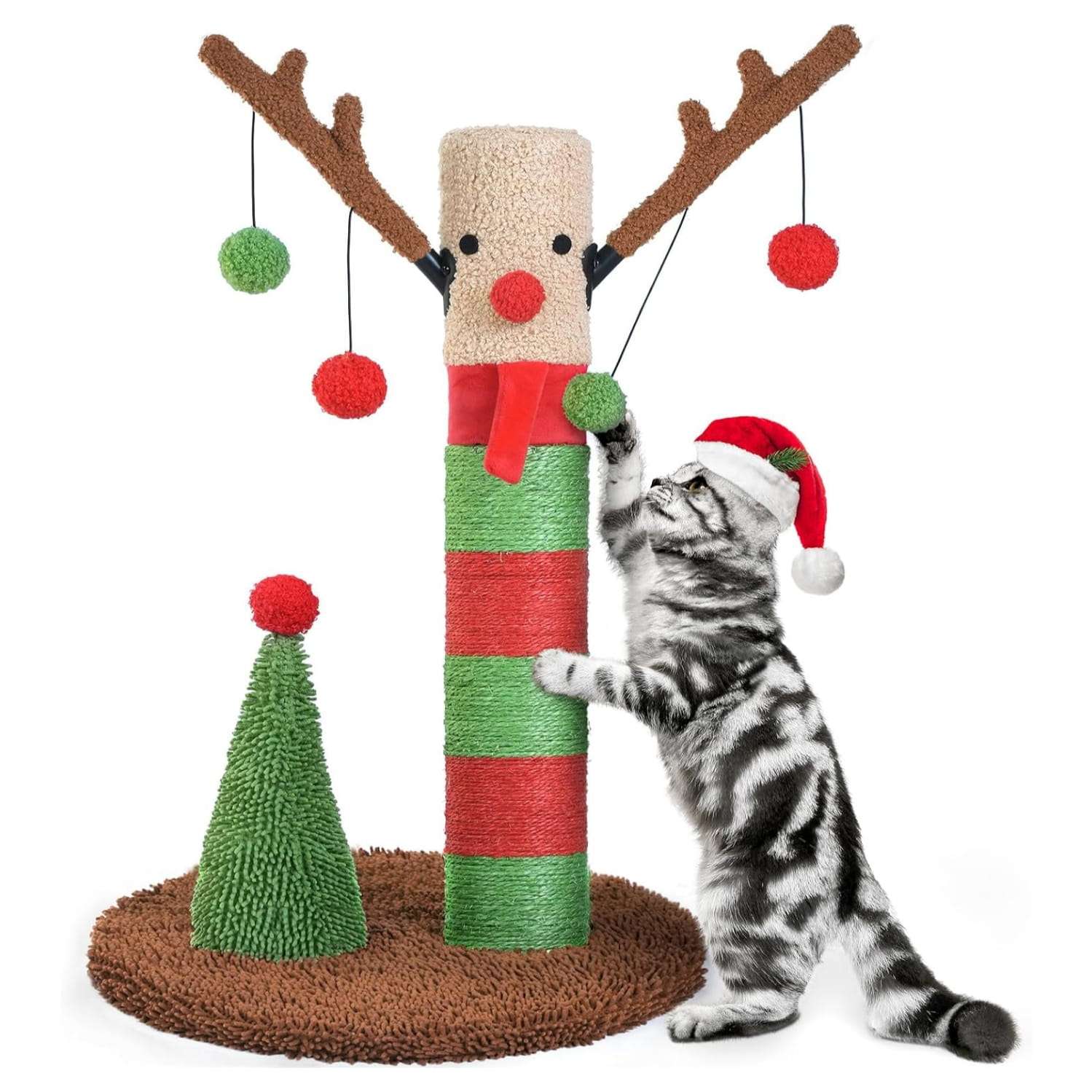 Rascador de poste doble para gatos (41x41x64 cm) con diseño de Ciervo Navideño. Sisal natural y base estable anti-vuelco.