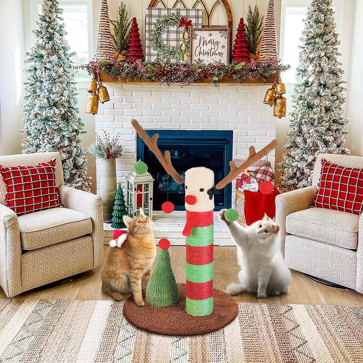 Rascador de poste doble para gatos (41x41x64 cm) con diseño de Ciervo Navideño. Sisal natural y base estable anti-vuelco.