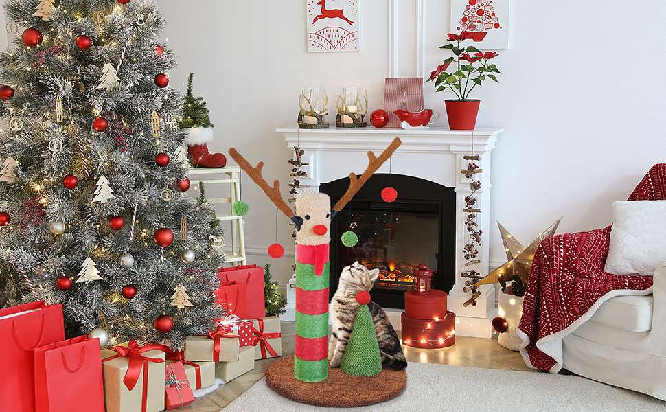 Rascador de poste doble para gatos (41x41x64 cm) con diseño de Ciervo Navideño. Sisal natural y base estable anti-vuelco.