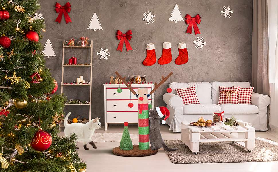 Rascador de poste doble para gatos (41x41x64 cm) con diseño de Ciervo Navideño. Sisal natural y base estable anti-vuelco.