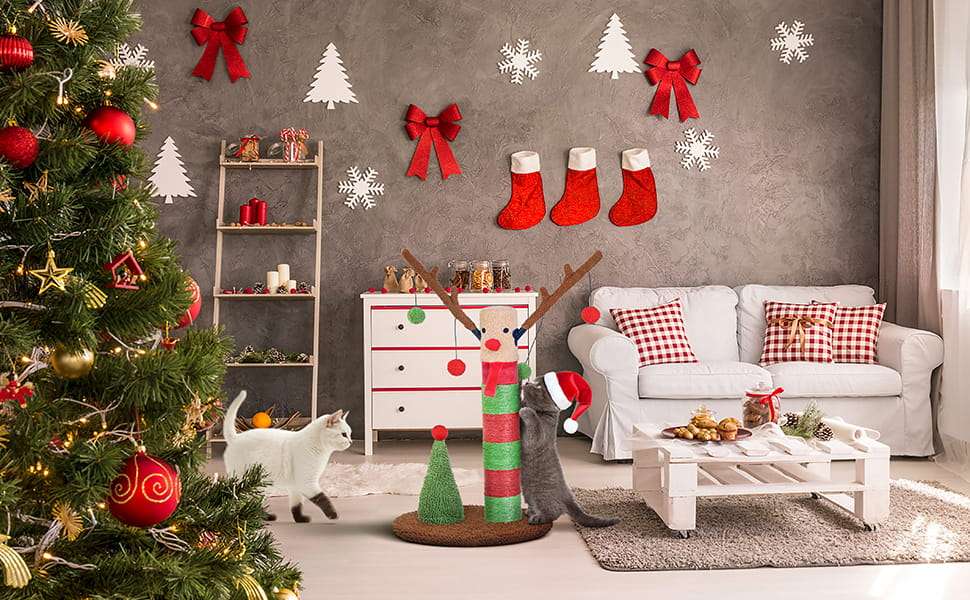 Rascador de poste doble para gatos (41x41x64 cm) con diseño de Ciervo Navideño. Sisal natural y base estable anti-vuelco.