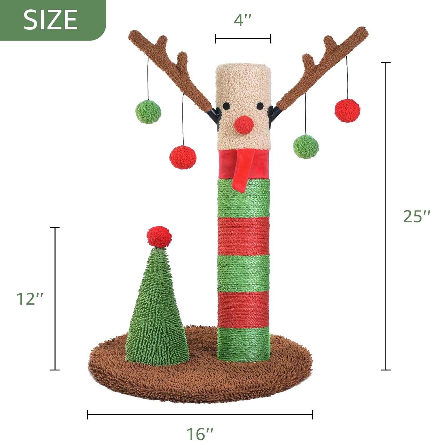 Rascador de poste doble para gatos (41x41x64 cm) con diseño de Ciervo Navideño. Sisal natural y base estable anti-vuelco.