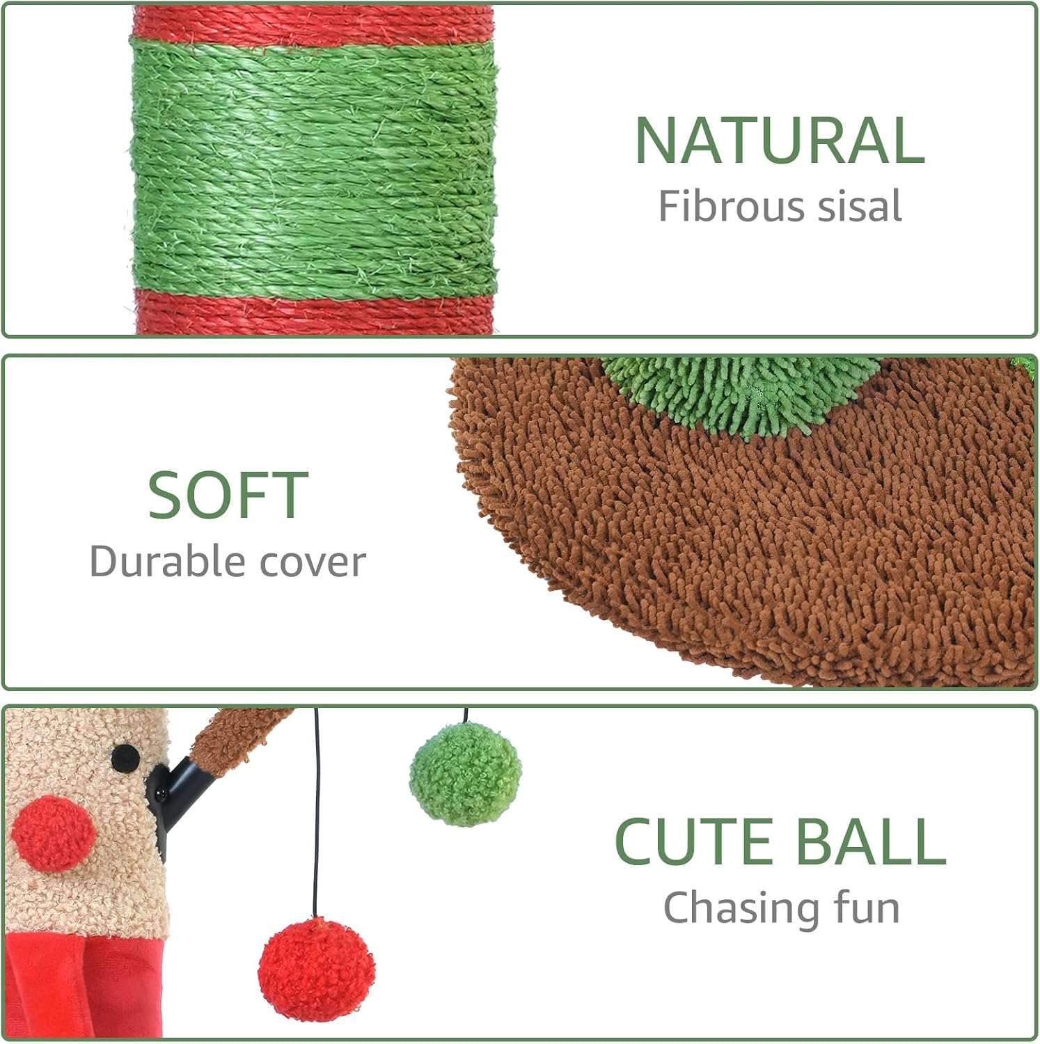 Rascador de poste doble para gatos (41x41x64 cm) con diseño de Ciervo Navideño. Sisal natural y base estable anti-vuelco.