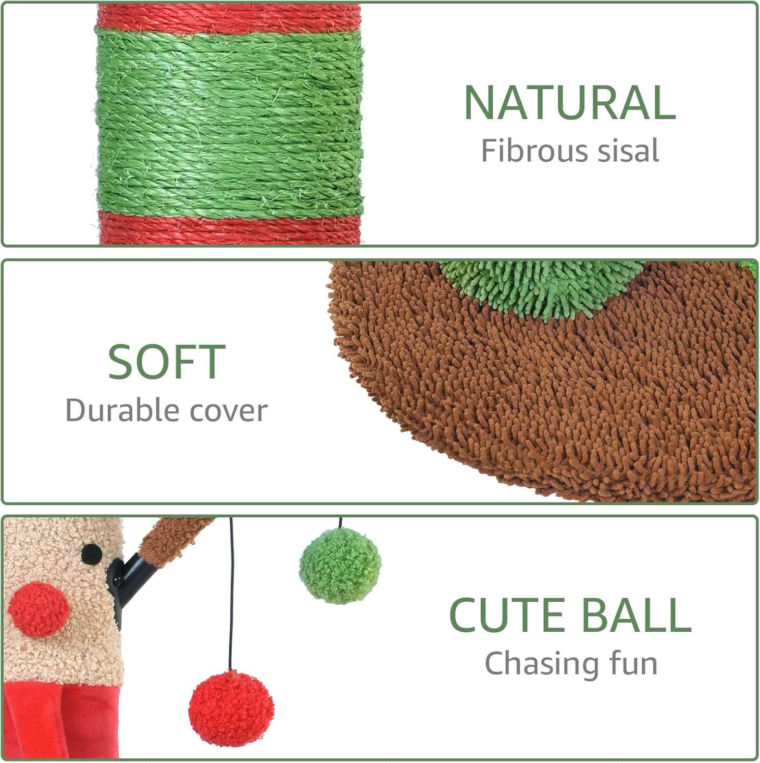 Rascador de poste doble para gatos (41x41x64 cm) con diseño de Ciervo Navideño. Sisal natural y base estable anti-vuelco.