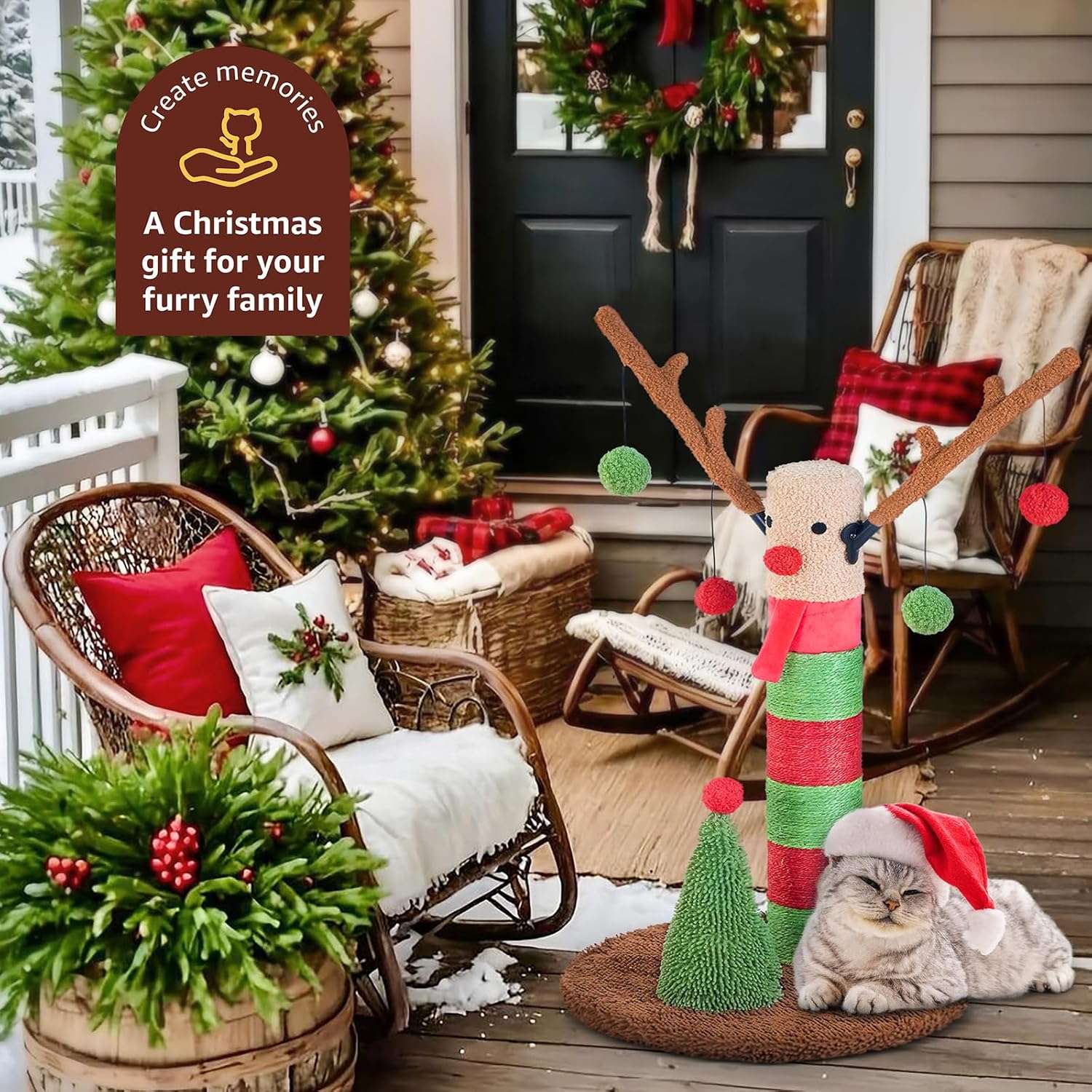 Rascador de poste doble para gatos (41x41x64 cm) con diseño de Ciervo Navideño. Sisal natural y base estable anti-vuelco.