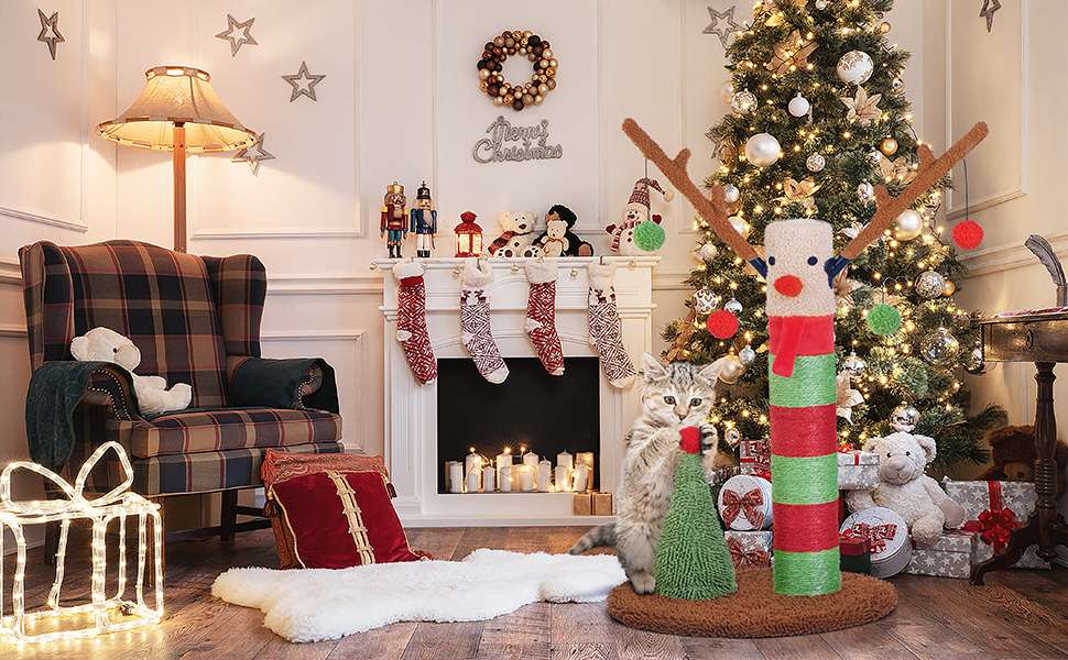 Rascador de poste doble para gatos (41x41x64 cm) con diseño de Ciervo Navideño. Sisal natural y base estable anti-vuelco.