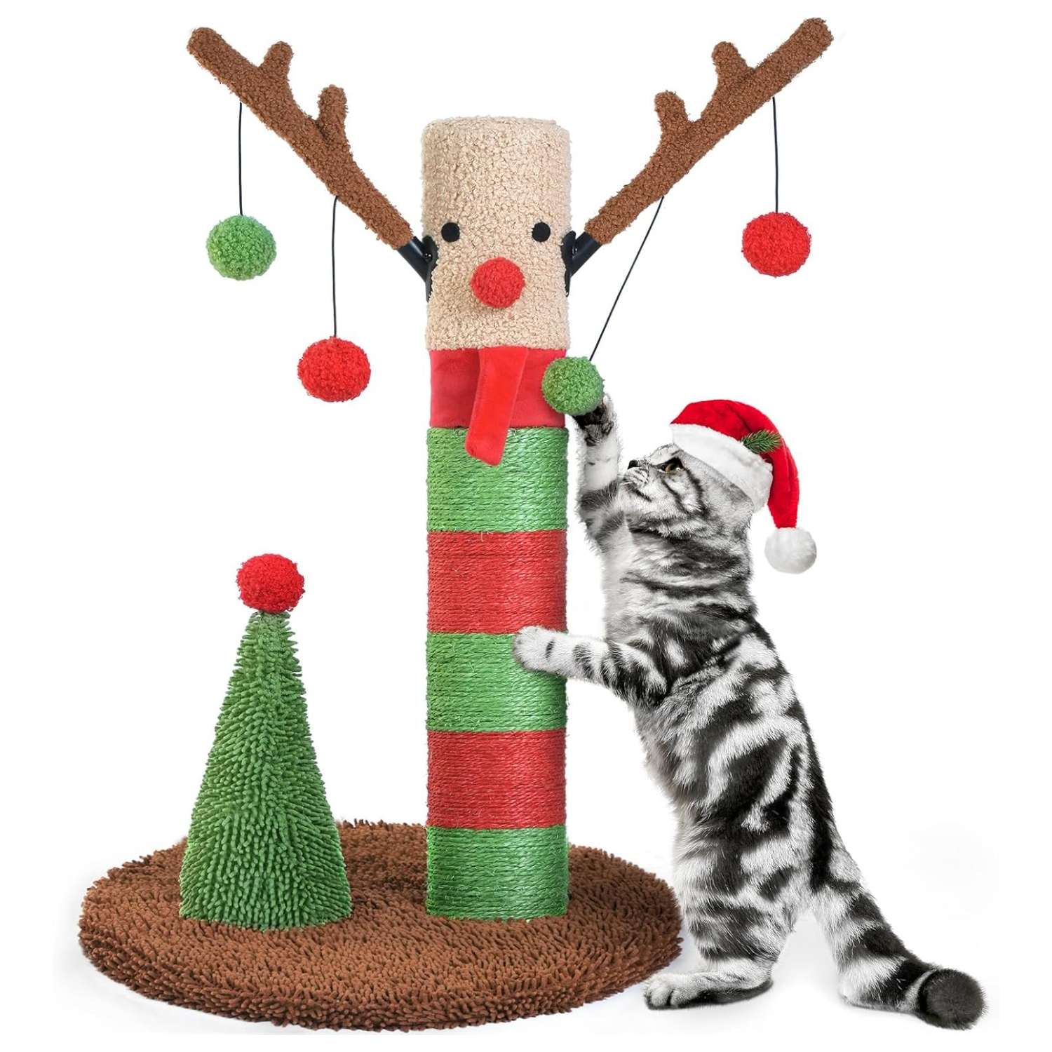 Rascador de poste doble para gatos (41x41x64 cm) con diseño de Ciervo Navideño. Sisal natural y base estable anti-vuelco.