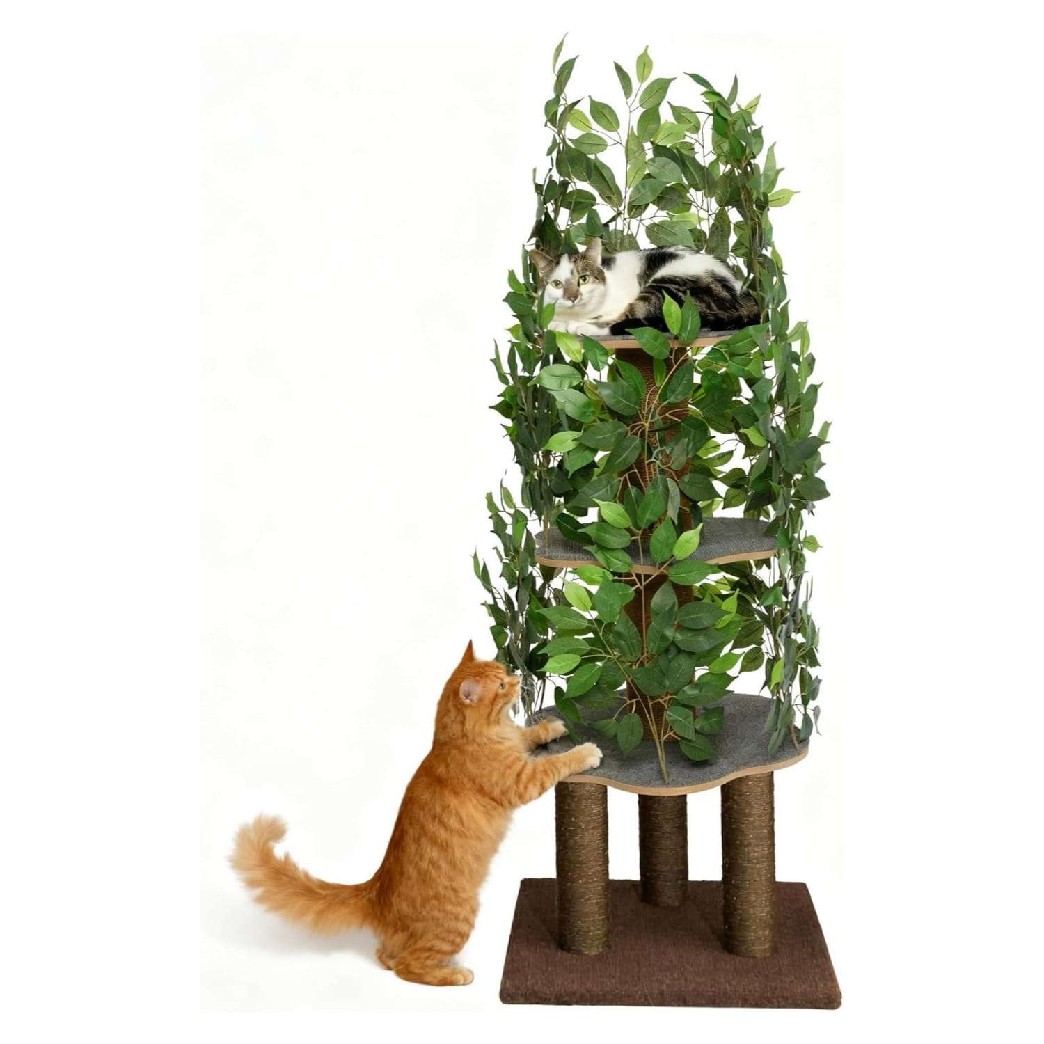 Árbol rascador de gatos grande con diseño de hojas, 160 cm de altura y base 57x57 cm. Estructura de triple estabilidad ideal para gatos activos.